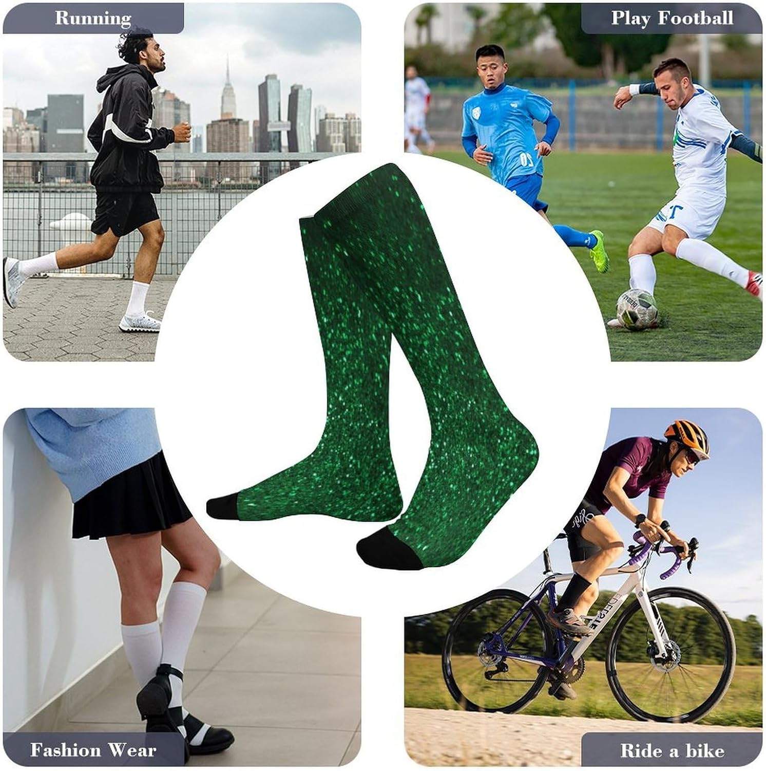 Green Sequin Sparkle Compression Sock Circulation Support Socks Lightweight Knee High Tube Sock Over-The-Calf Sock for Adult