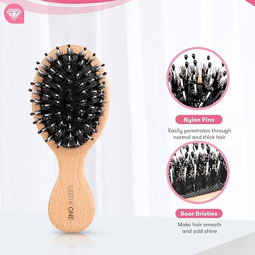 Miniatura 2 de 2 cepillos de pelo mini cerdas de jabalí para cabello grueso, rizado, fino, largo, corto, húmedo o seco, masaje desenredante, añade brillo, bolsillo