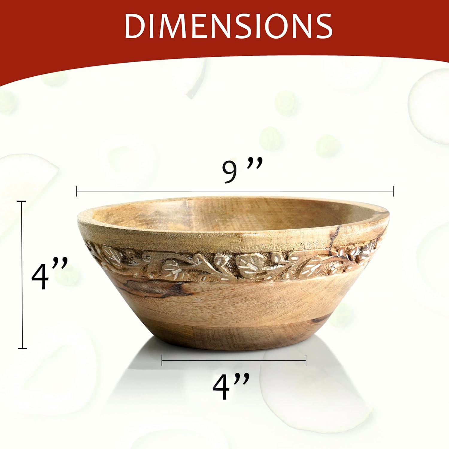 Mela Artisans Jasmine Medium Bowls (Whitewash, 9 x 4 x 8) – Mango Wood Decorative Bowl for Veggies, Fruits, & More – Handmade Wooden Serving Bowl w/ 3 Felt Pads - Modern Rustic Home Decorations