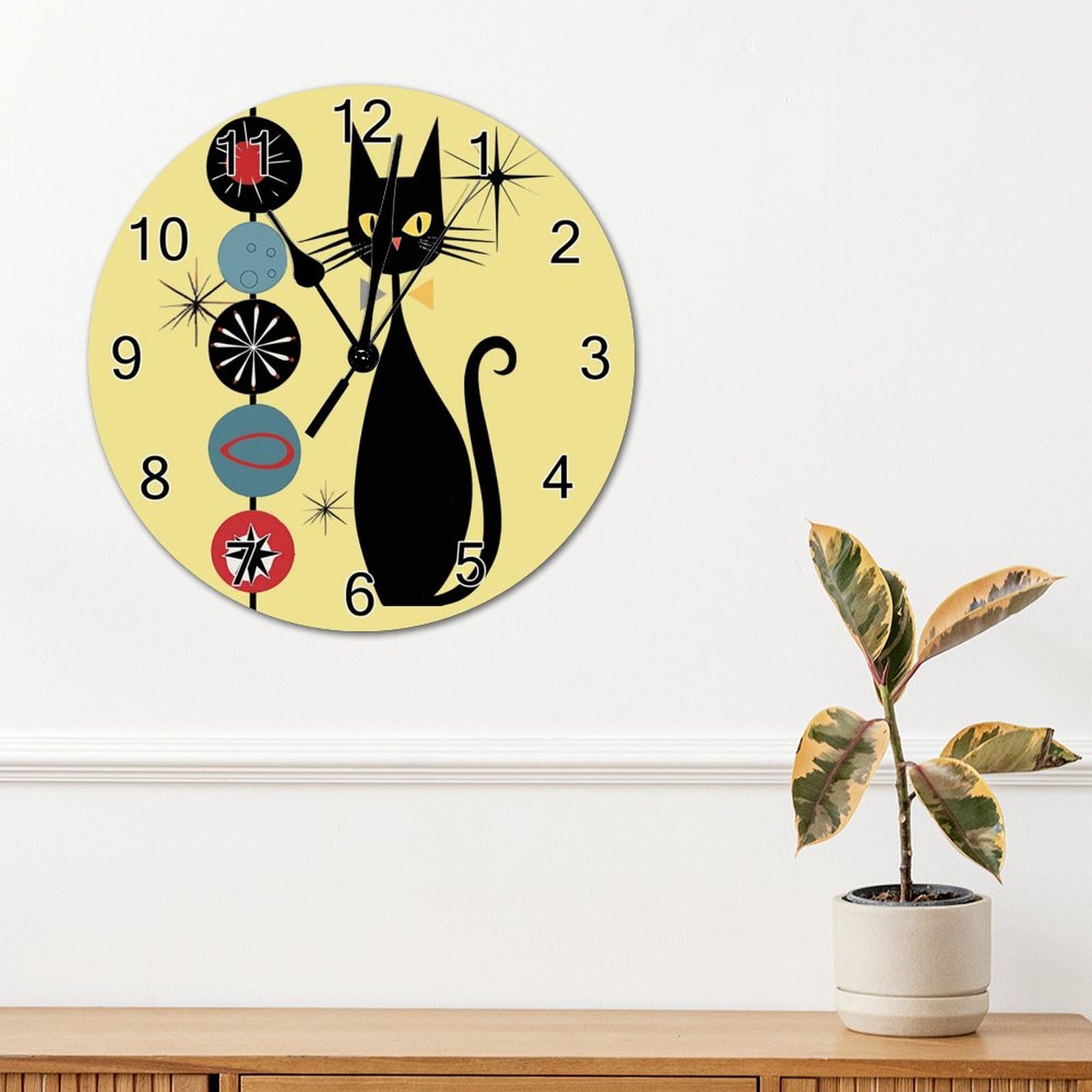 Retro Atomic Era Mid Century Cool Cat Funny Wall Clock 12x12 inch Silent Non-Ticking PVC Clock Battery Operated Bedroom Living Room Home Wall Hanging Decor Art