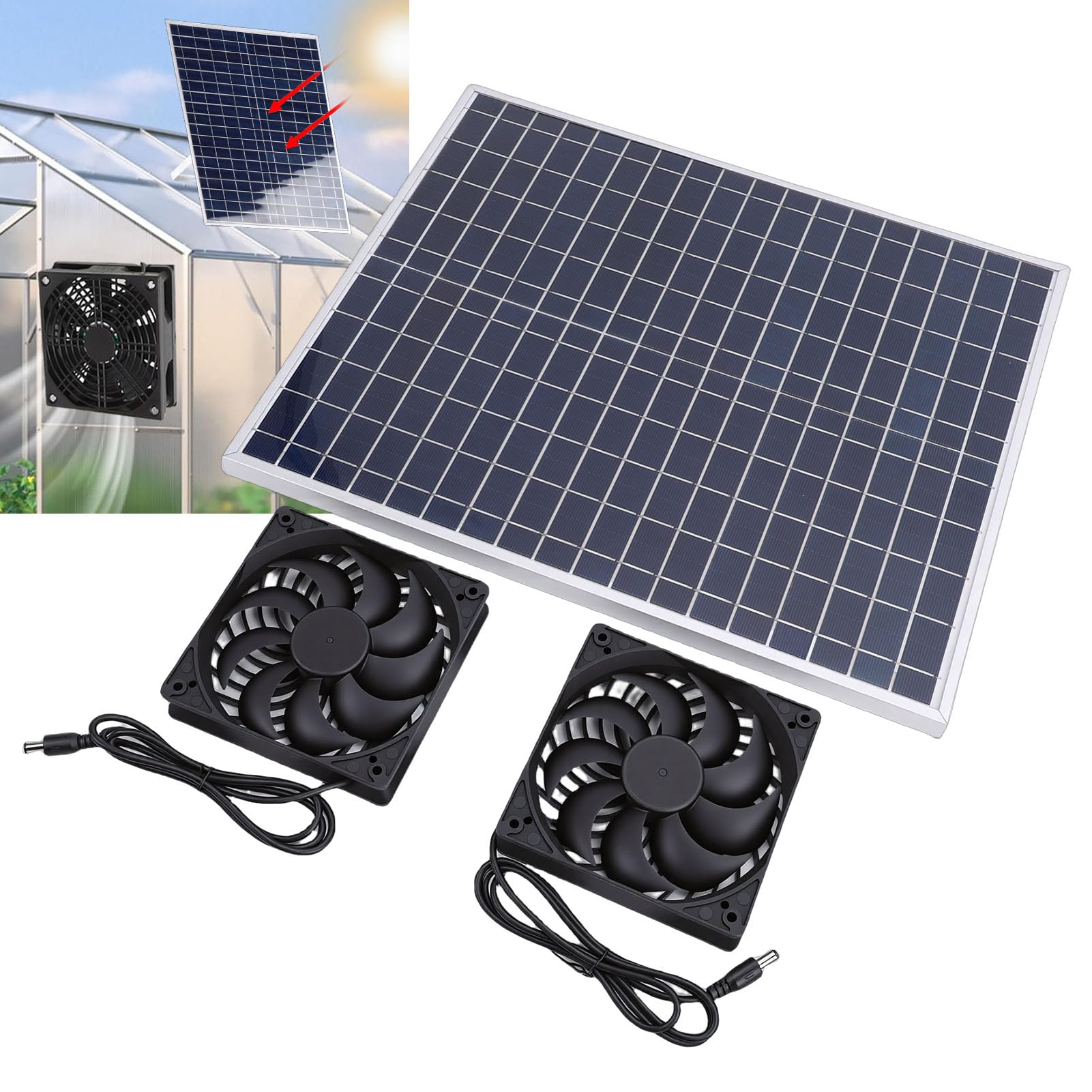Asixxsix Kit Ventola Ad Energia Solare, Pannello Solare da 22 W, Doppia Ventola di Scarico, Attrezzatura per la Ventilazione dell'Aria, per Serra, Pollaio, Capannone, Cortile Esterno,