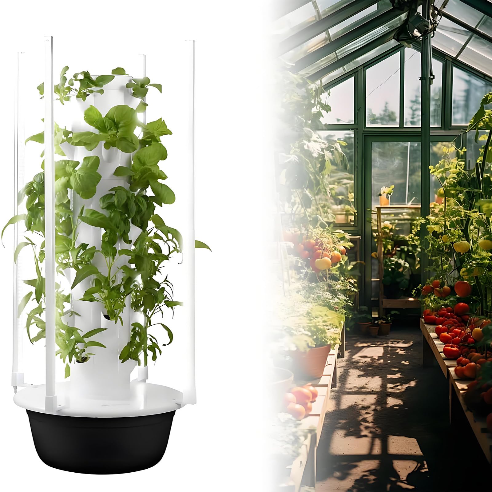 Sistema de Cultivo hidropónico Vertical Tipo Torre con aeroponía automatizada y Luces LED para el Cultivo de Hierbas aromáticas y lechugas en Interiores.