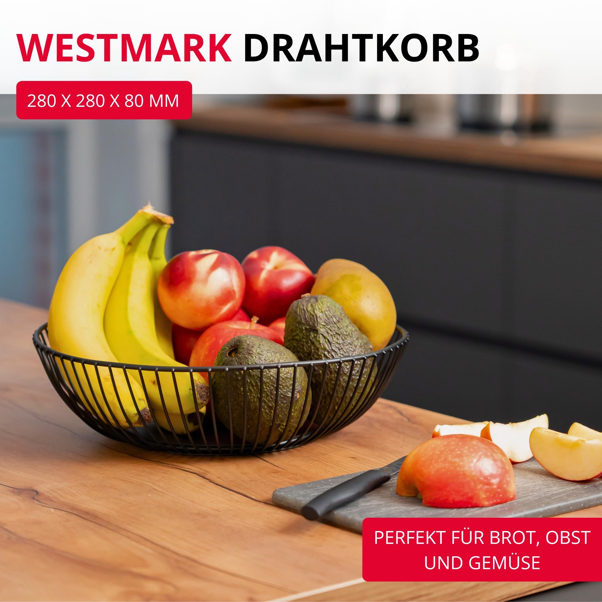 Westmark Drahtkorb Lumos Groß – Stilvolle Obstschale & Brotkorb – Dekorativer Metallkorb für Obst, Gemüse, Brot & Brötchen – Schwarz, 28 cm