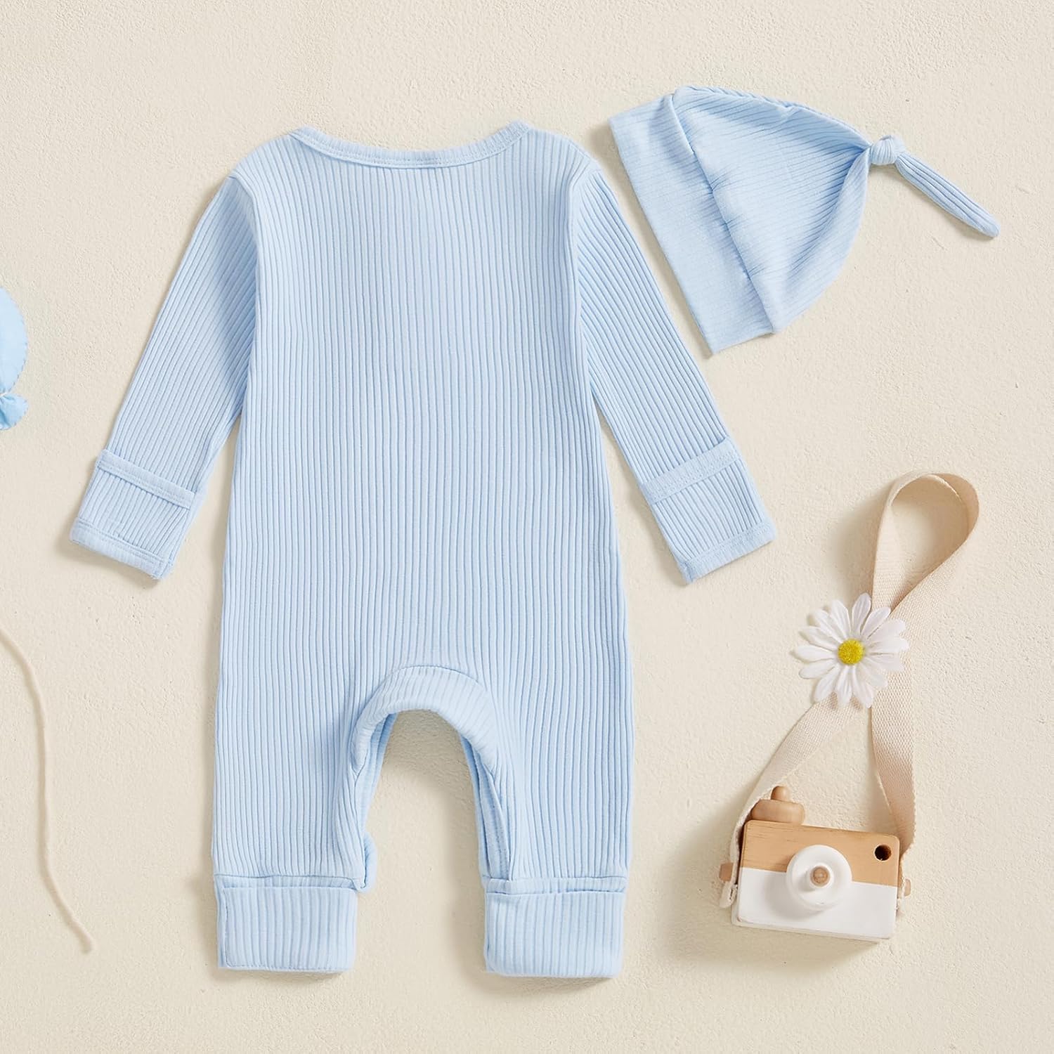 Infant Boys Girls Clothes Set Newborn Baby Romper Hat Ribbed Knit Long Sleeve Button Solid Bodysuit Jumpsuit - Image 7