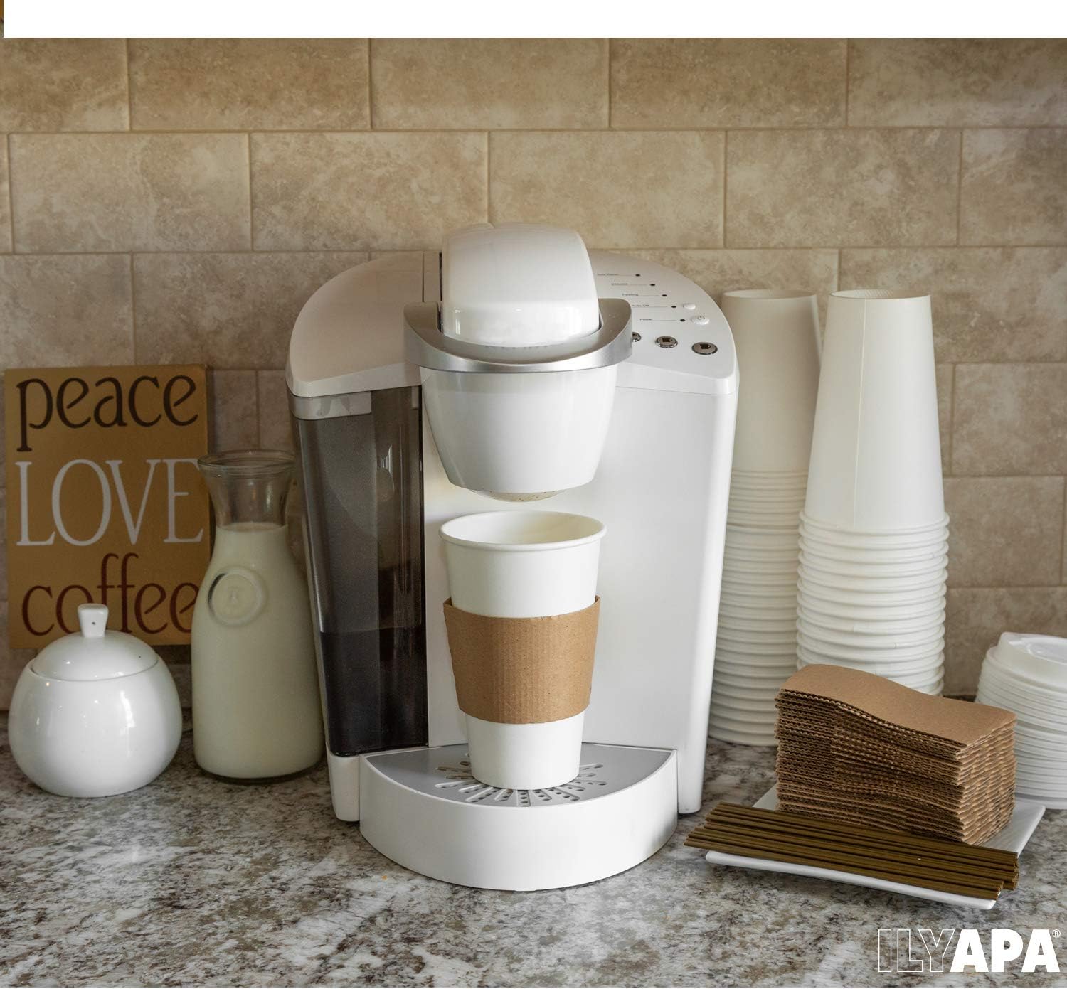 Ilyapa 100 Pack - 16 oz To Go Coffee Cups with Sleeves, Lids & Stirrers - Disposable & Recyclable White Paper Travel Coffee Cups