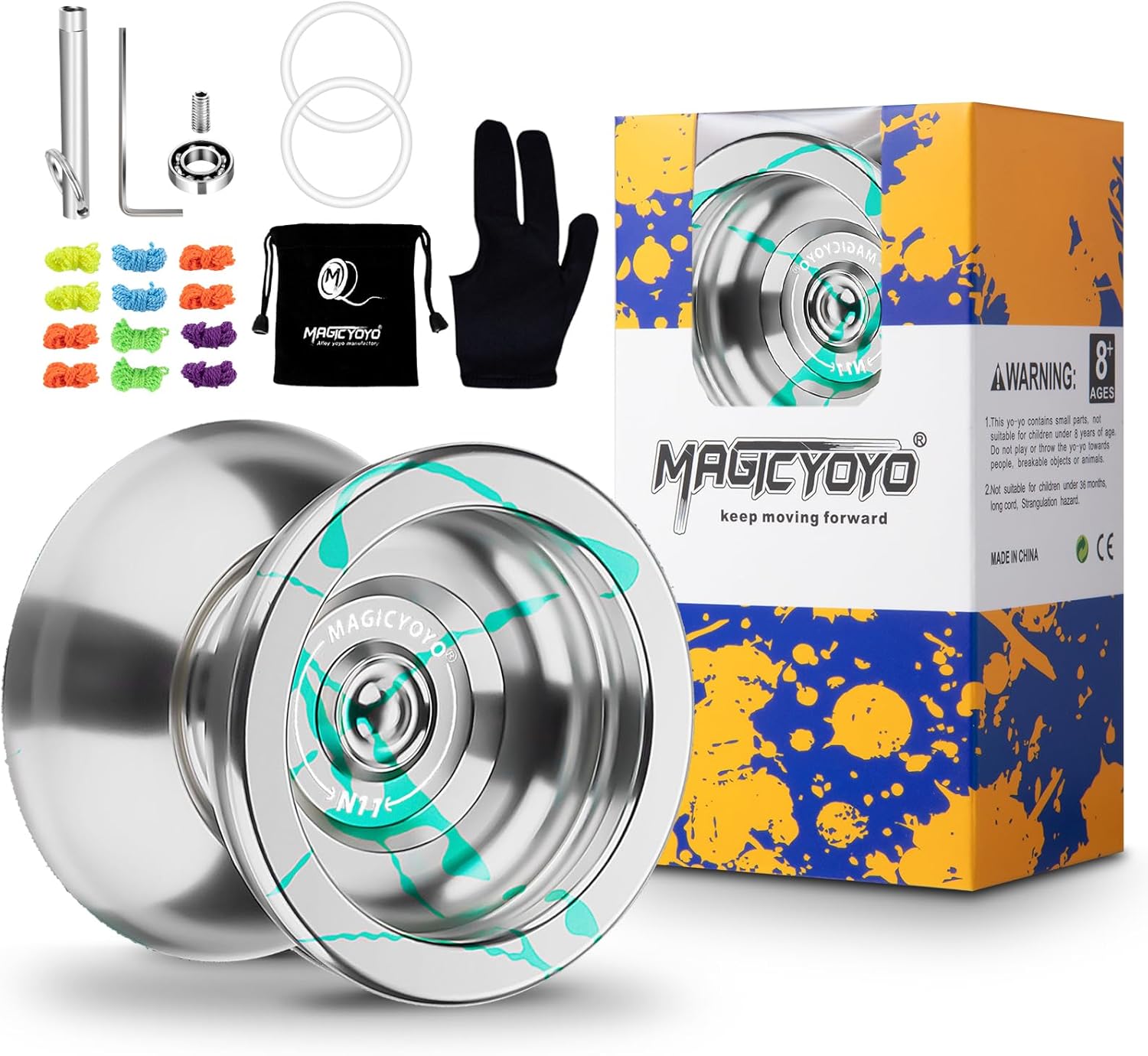 MAGICYOYO N11 Professional Unresponsive Yoyo N11 Dual Purpose Alloy Trick YoYo Ball with Bag, Glove, 12 Yoyo Strings and Responsive Bearing Kit -Silver Green