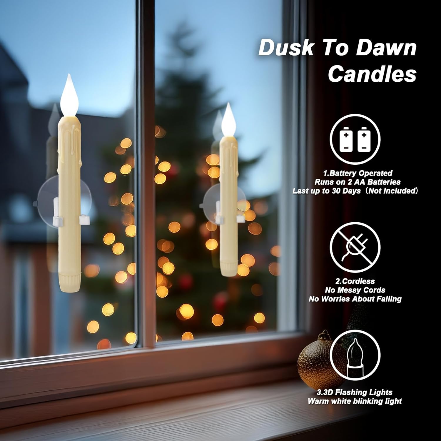 6 Pcs Sensor Dawn to Dusk Window Candles, Flickering Battery Candles for Windows, Ultra Bright Fake Candle Lights with Suction Cup, Led Candlesticks for Xmas Home Decor, White Light - Image 2