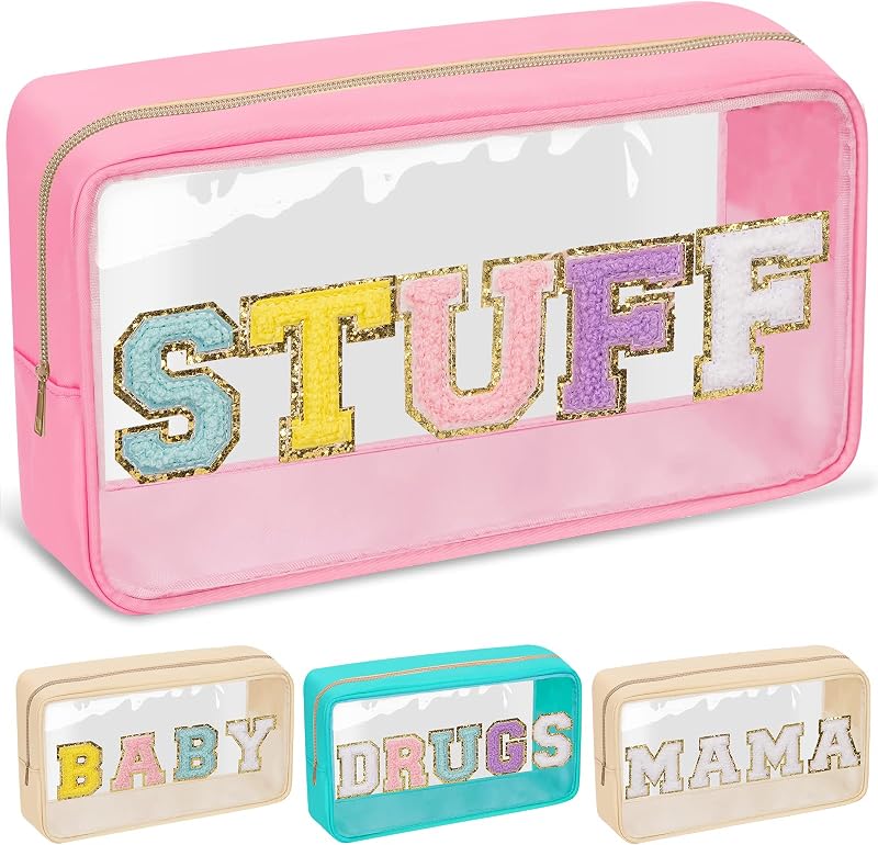 Necessaire transparente izuzta com estampa de letras STUFF-Pink e zíper, 27 x 17 x 9 cm