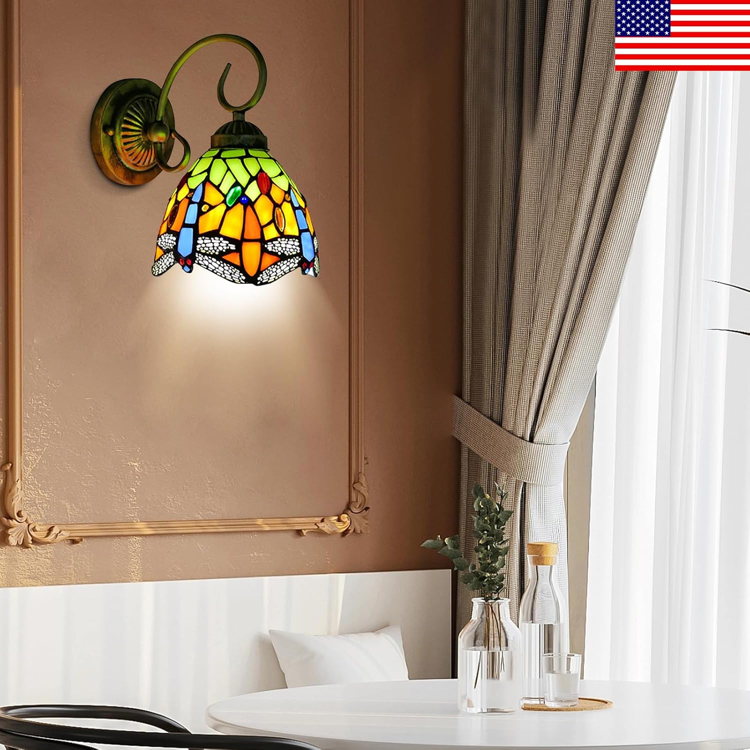Wall Sconce Bedside Wall Mount Lamp 1-Light Dragonfly Stained Glass Shade Wall Light for Bedroom Hallway Stairway Balcony