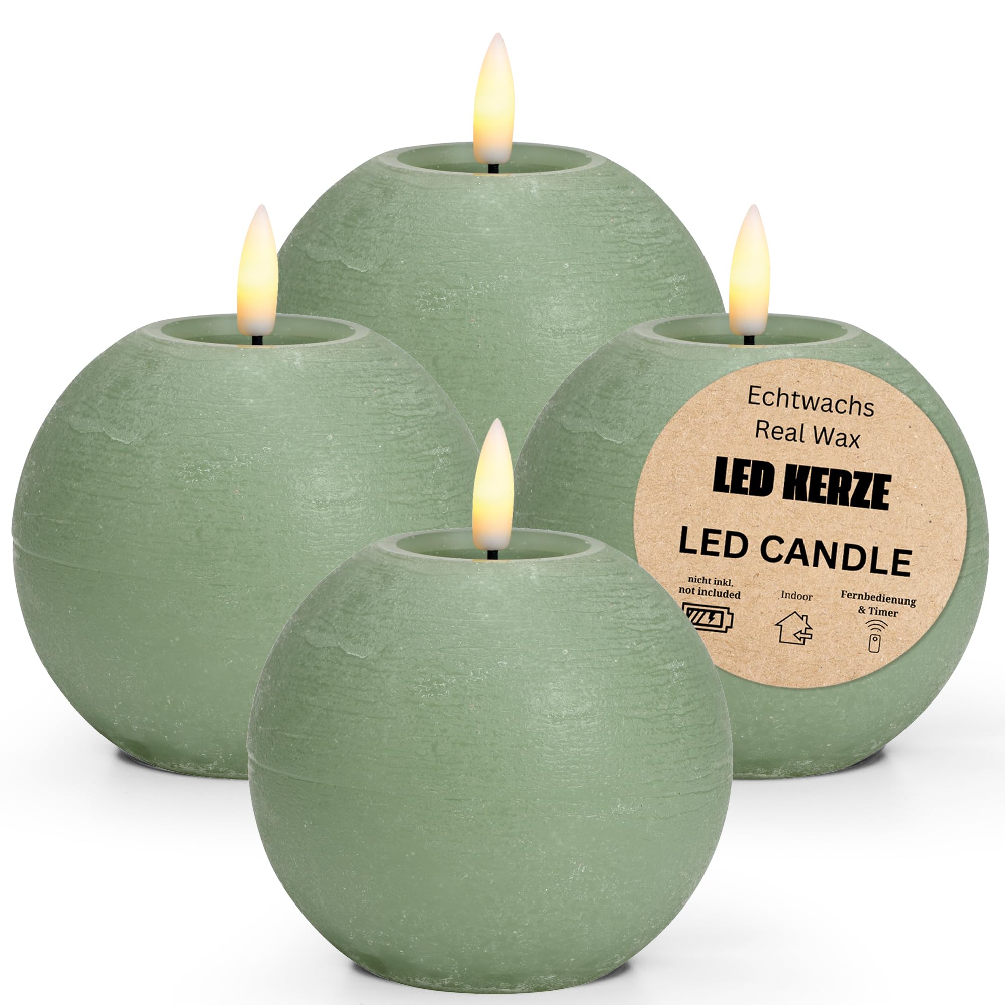 LED Candle Baubles Set of 4 Real Wax with Timer Function Including Remote Control – Candles Realistic Flickering Flame Warm White Diameter 10 x 9 cm – Electric Wax Candles Sage Green as a Cosy Table
