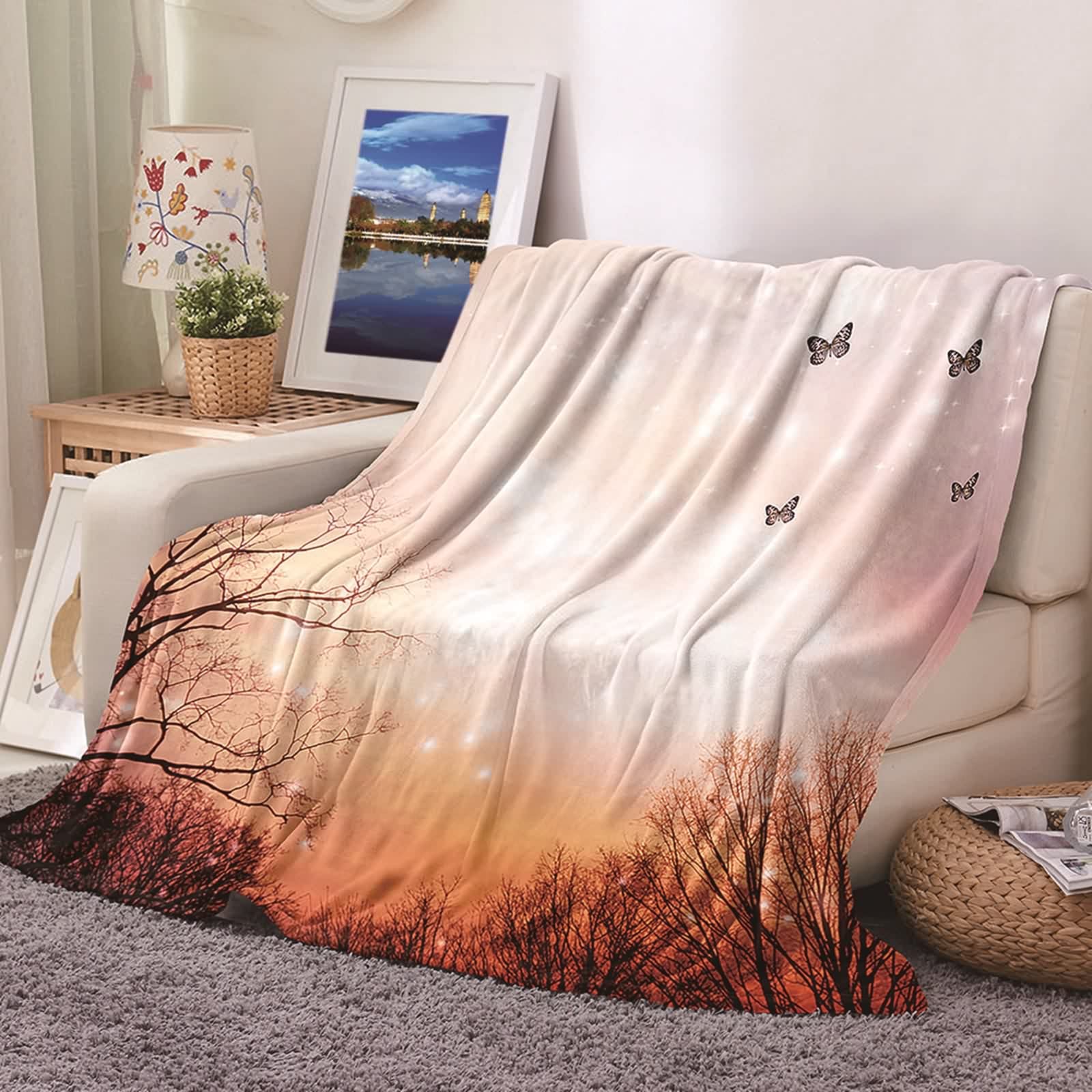 Couverture douce pour canapé et chambre avec motif arbre et papillon KnSam