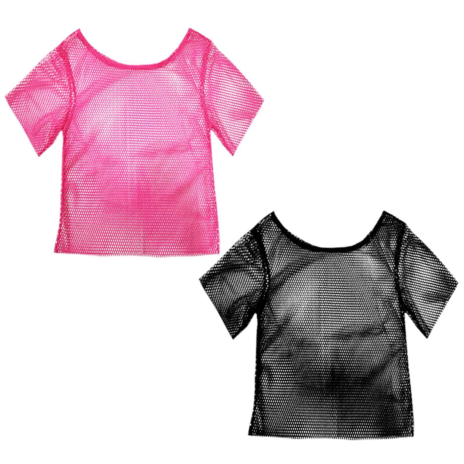 FUIPVGI 2 Pcs 80s Fancy Dress Fishnet Top for Women, Neon Mesh Tops, Halloween Costumes Set, Off The Shoulder T-Shirt 1980s, Fishnet Costume Accessories (Pink, Black)