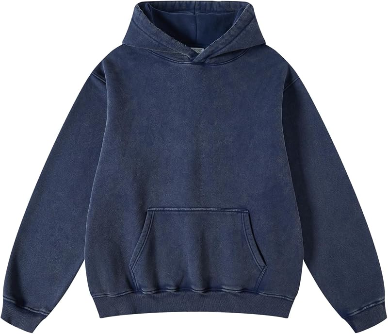 OSACOD Mens Oversized Hoodies Pullover Vintage Sweatshirt Acid Wash Heavyweight Plush Cotton Baggy Streetwear Top Athletic(Blue,L)