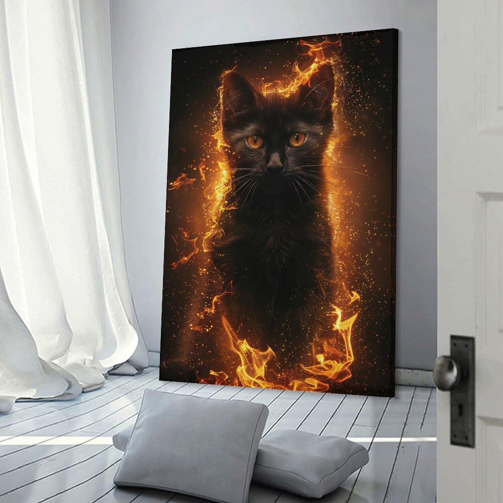 Junmoney Frame-Style-4 Black Cat Surrounded By Fire Room Decor Wall Art 24X36inch(60X90cm), For Entrance Walls, Hall Decor Or Foyers, A Neat Decor Update For Hallways