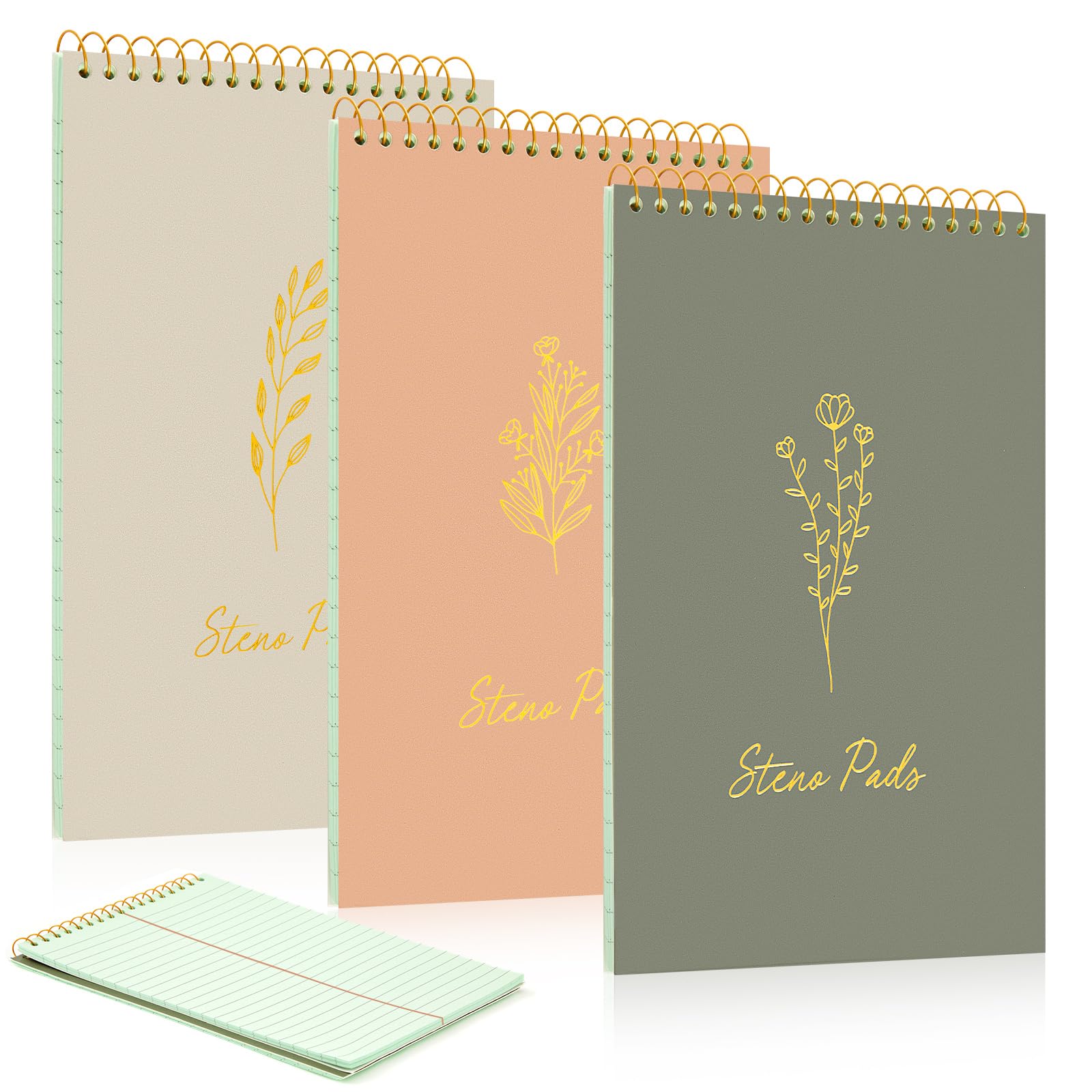 MotiMind 3 Pack Steno Pads Spiral 6 x 9 Inch Gregg Rule Green Tint Steno Pad Top Bound Flip Notebook Notepad Stenographer Aesthetic Floral Design for