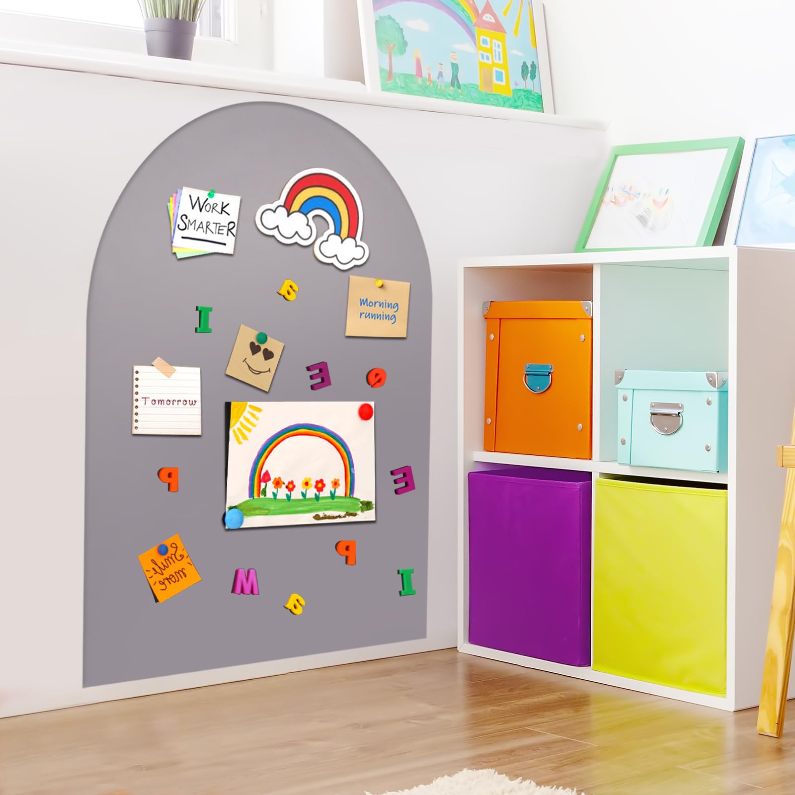Lavagna Magnetica da Parete : Lavagna Adesiva Arco 80×100 cm Lavagna Cancellabile per Bambini | Inclusi 3 Gesso Senza Polvere, 1 Pannello, Foglio Adesivo per Uffici, Sale Giochi （Grigio Chiaro）