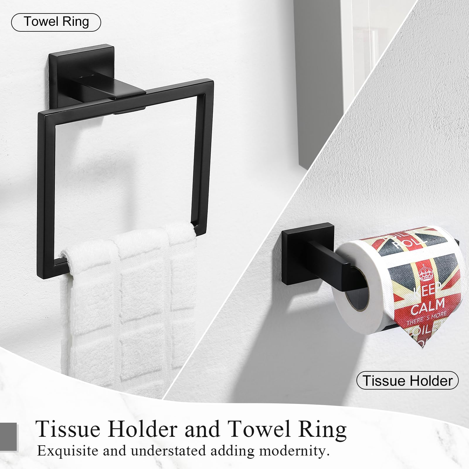 TURS Negro Toalleros de Aro Acero Inoxidable Toallero de Estilo Montado en Pared e Anilla INOX 304 Chrome Accessori Bagno de Toalla Soporte de Toalla Nero