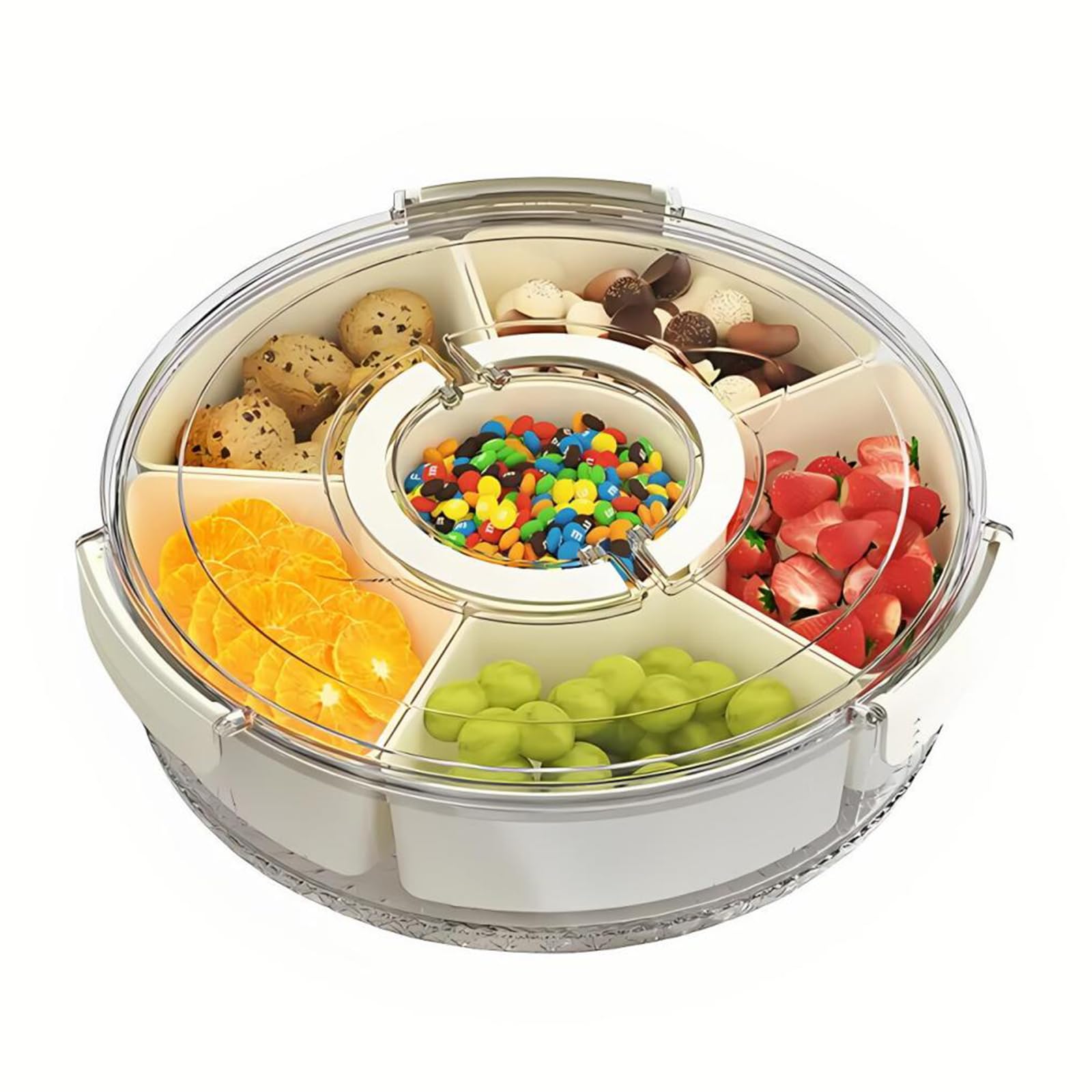 Plateau de service rotatif divisé avec couvercle et poignée, récipient alimentaire portable avec 6 compartiments – Parfait pour les repas, les collations et les voyages – Design facile à