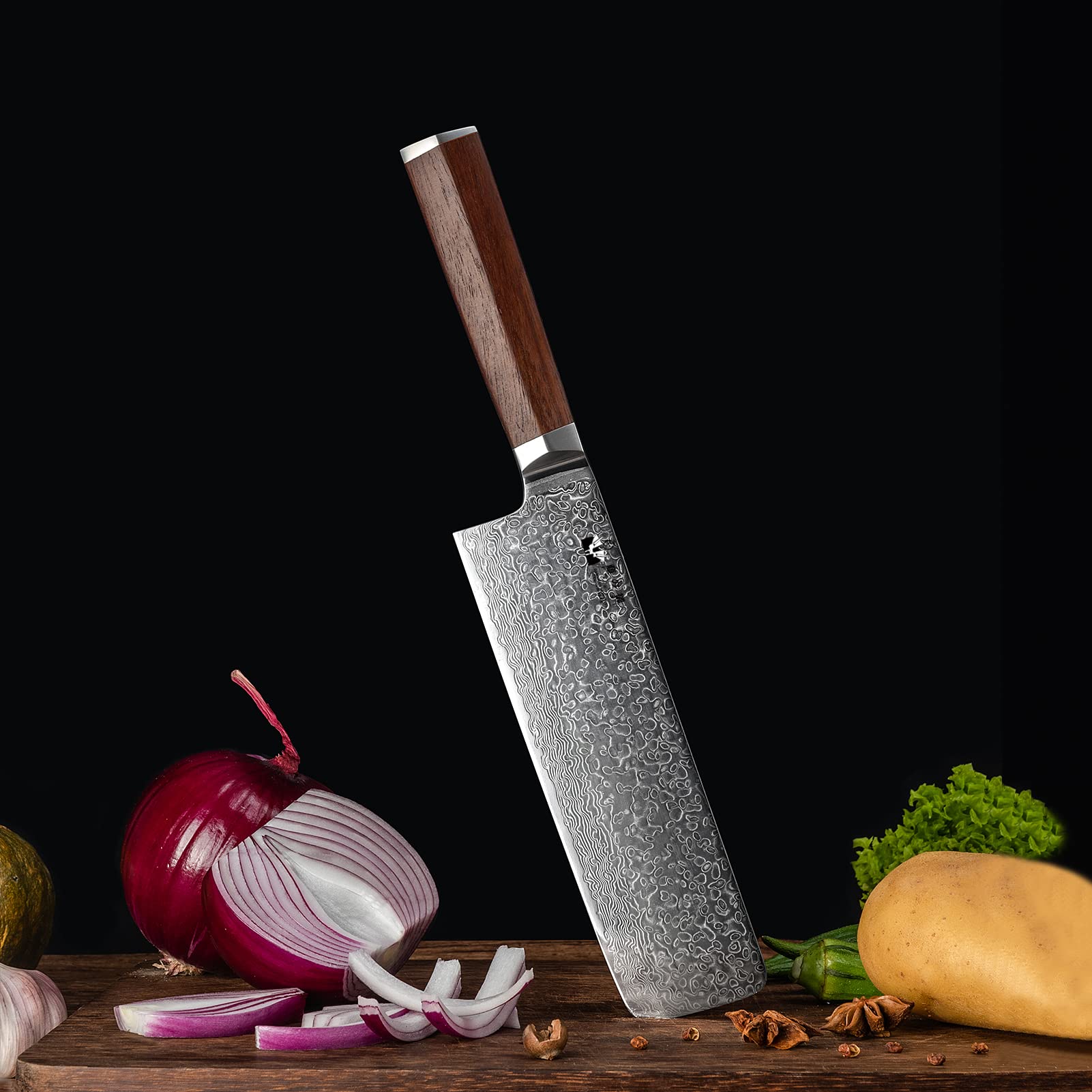 Nakiri Cleaver Knife 7 inch Damascus Steel Chinese Chef Knife VG-10 Steel 67-Layer Damascus Professional Vegetable Cleaver Chopper Full Tang Non-slip Natural Wood handle with Exquisite Box — Amazon image 6