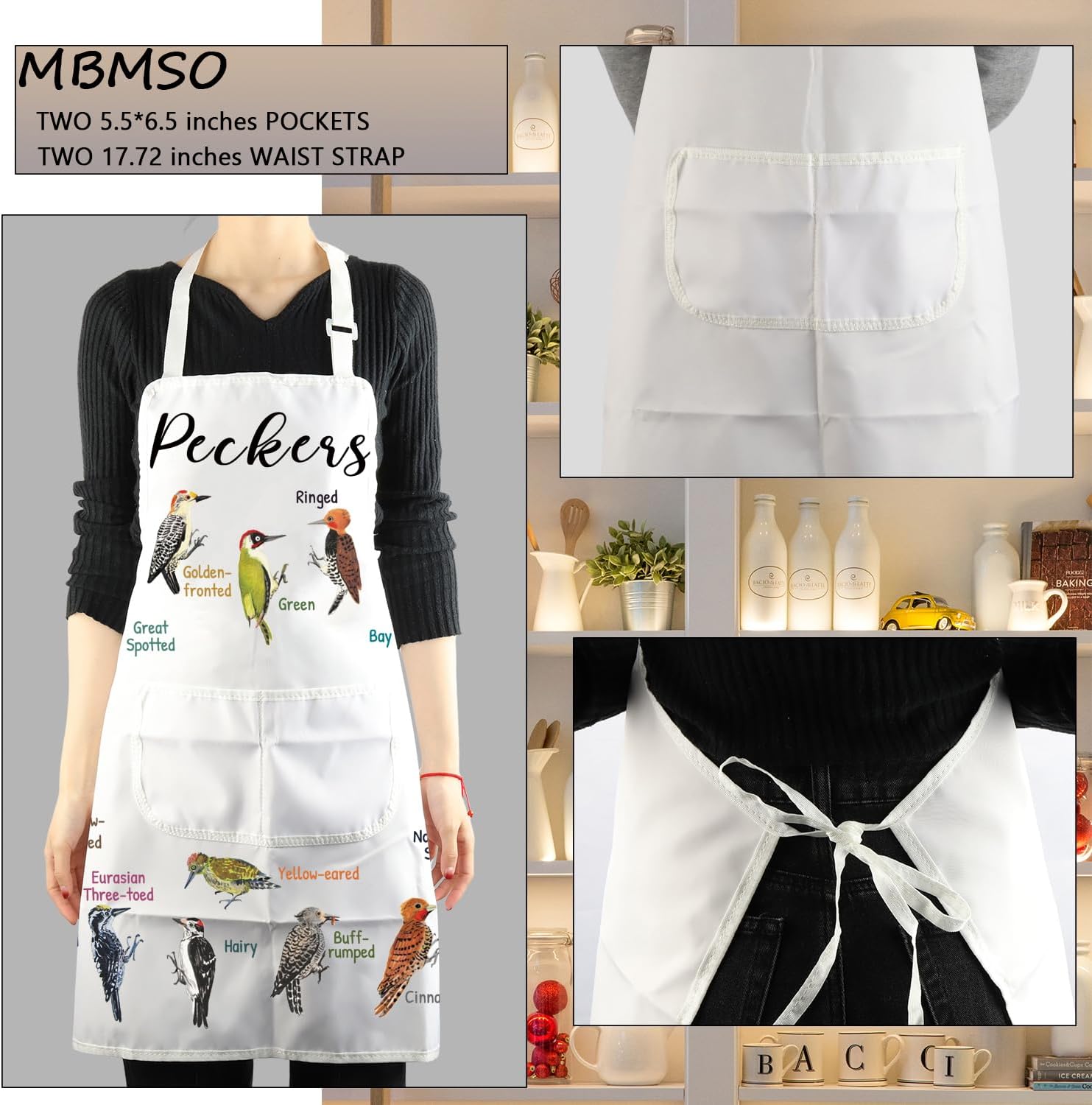 MBMSO Pecker Apron With Pockets - Bird Gifts for Pecker Lovers, Woodpecker Kitchen Cooking Apron, Ornithologist Gifts
