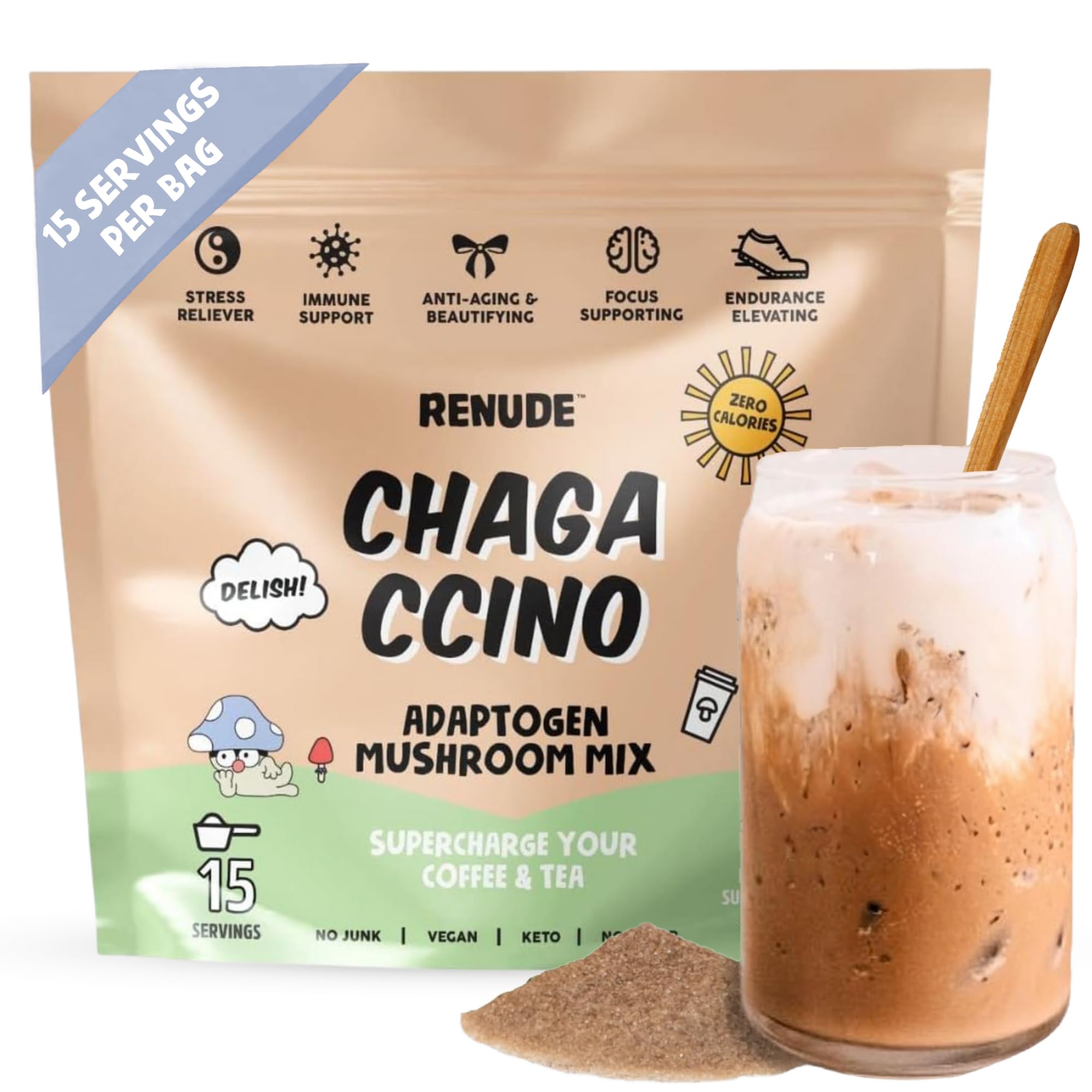 Renude Chagaccino - Chaga Mushroom Powder, Mushroom Coffee Drink Mix with Adaptogens, Natural Energy and Immune Support, Vegan, Keto, Zero Calorie Mushroom Blend Powder - 15 Servings