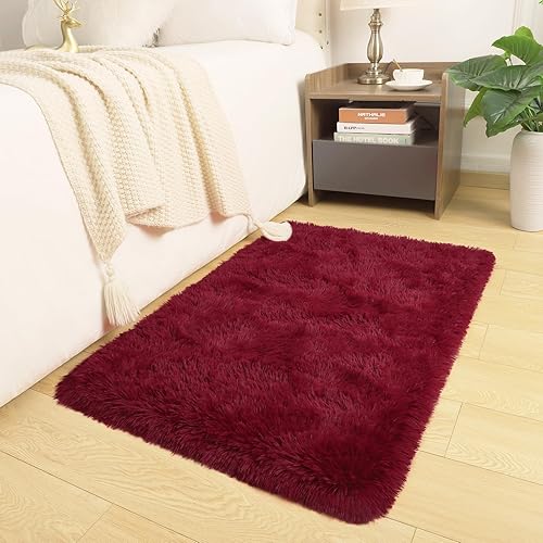 Miniatura 6 de DETUM Alfombra pequeña de 2 x 3 pies para dormitorio, Kicthen entrada, pasillo, lavable, antideslizante, color borgoña, alfombras de felpa para