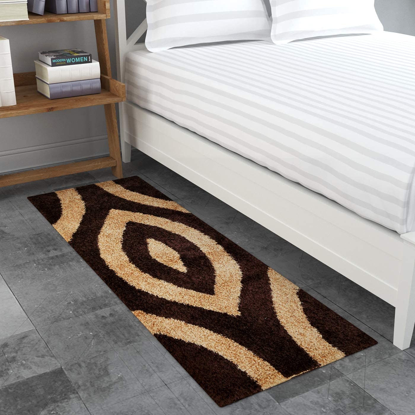 ROSSLYN Microfibre Polyester Modern Shaggy Bedside Runner Soft Rug for Bedroom - 22x55inch (Brown Beige)-image-42