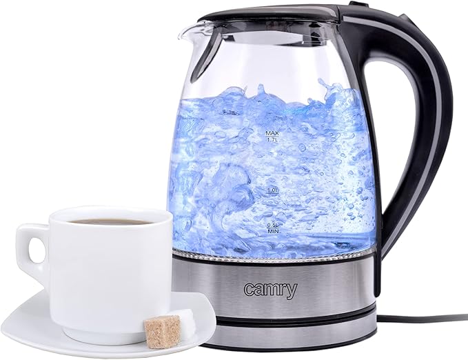 Wasserkocher Edelstahl Glas 1,7 Liter|2000W| blaue LED Innen-Beleuchtung 360 Grad, kabellos, Kalkfilter, BPA Free, schwarz