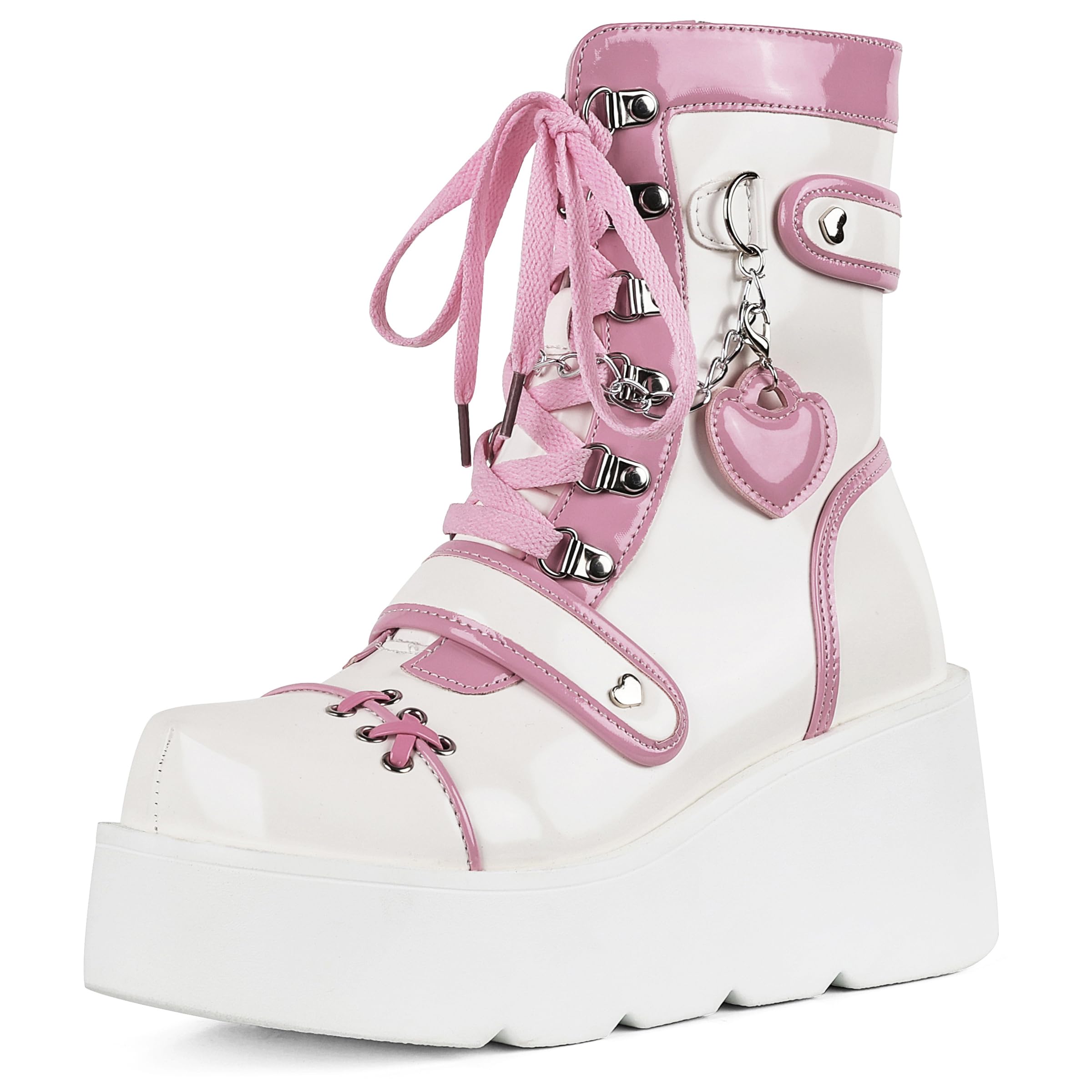 CELNEPHO Platform Ankle Boots for Women Wedge High Heel Booties Goth Round Toe Combat Boots Women Cute Heart Lace Up Rave Boots Outdoor Dress Boots