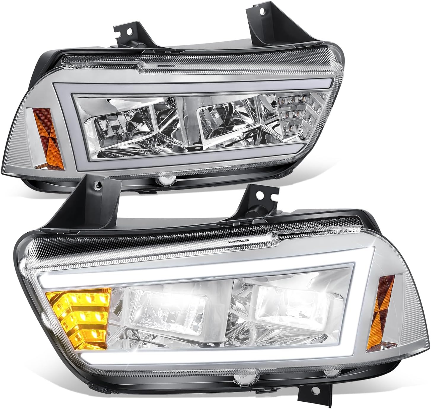 Auto Dynasty Full LED DRL Headlights Assembly with Amber LED Turn Signal Compatible with Dodge Charger 2011-2014, Driver and Passenger Side, Black Housing Amber Corner