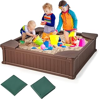 HONEY JOY Kids Sandbox with Cover, 48x48 Inch Large HDPE Sand Pit Play Station for Backyard, 4 Corner Seats & Bottom Liner, Sand Protection, All Weather Resistant Sand Boxes for Kids Outdoor (Coffee)