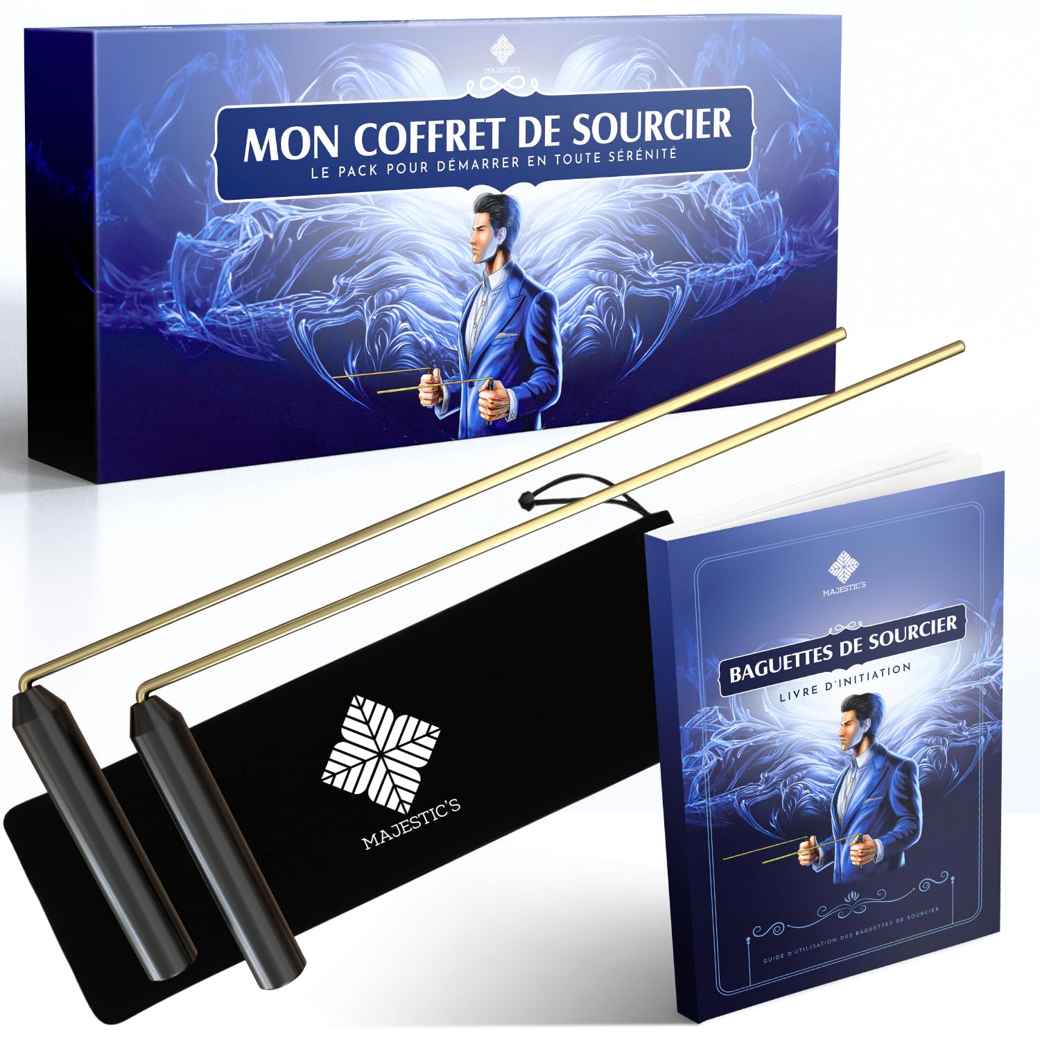 Baguettes de sourcier modèle PRESTIGE + Livre A5 en FRANÇAIS + Sac de transport : Coffret/Pack de Sourcier idéal pour débuter