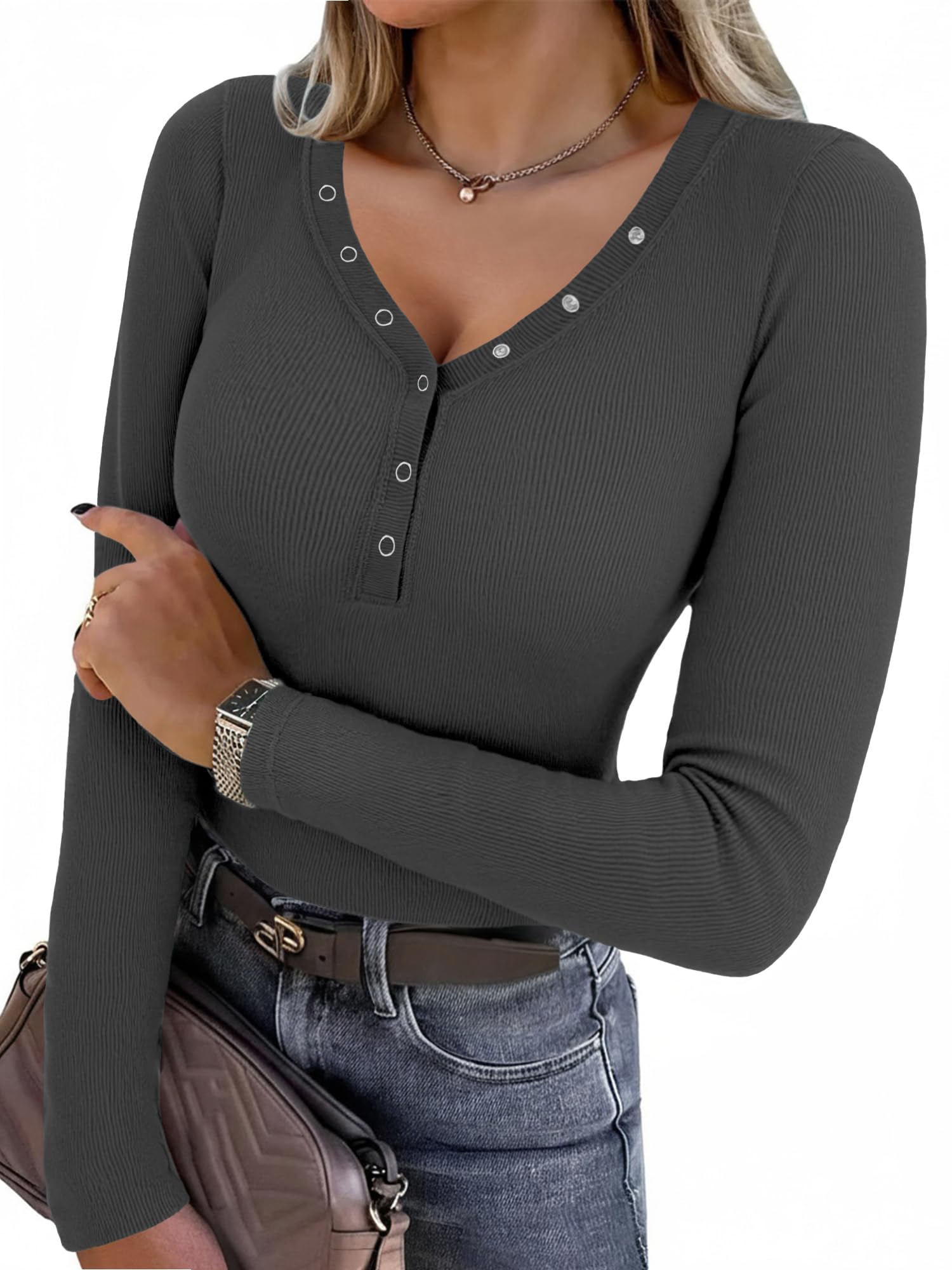 Aottori Langarmshirt Damen V-Ausschnitt mit Knöpfen Slim Fit Oberteile Gerippt Stretch Pullover Dünn Elegant Henley Shirt Langarm Basic Tops