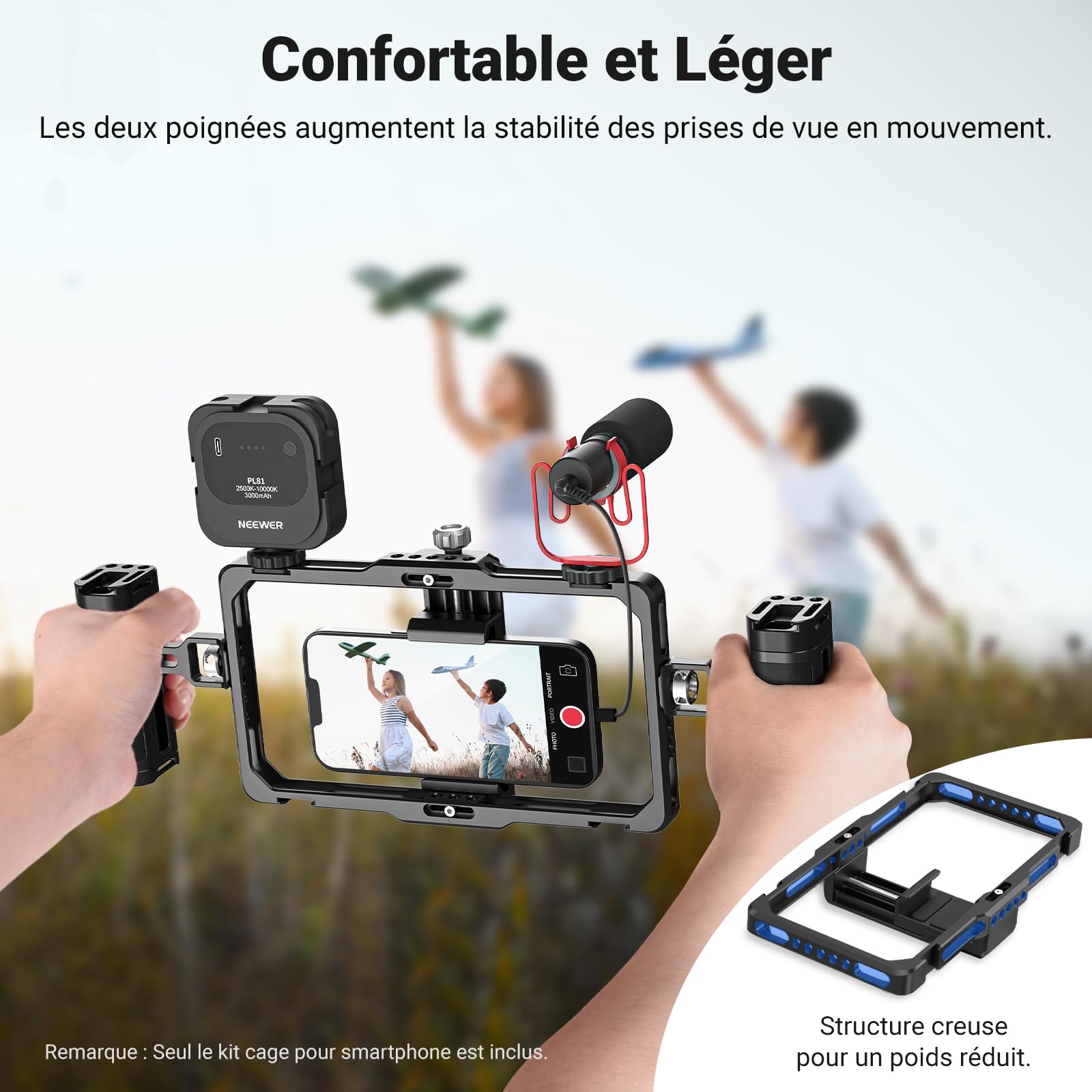 NEEWER Kit de vlogging pour téléphone amélioré, stabilisateur vidéo avec Double poignée, Fente Micro sans Fil pour Tiktok/Youtube, Compatible avec SmallRig iPhone 16 15 14 13 Pro Max Galaxy S23, PA009