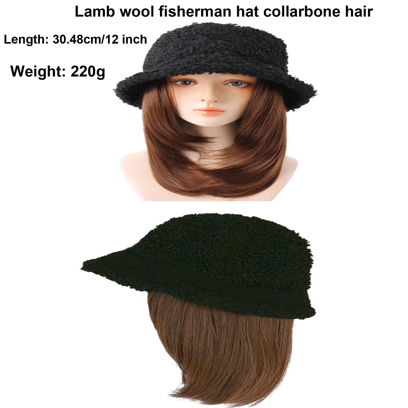 Cappello invernale da donna in lana con parrucca Cappello da pescatore parrucca parasole cappello finto dritto cappello Beanie parrucca