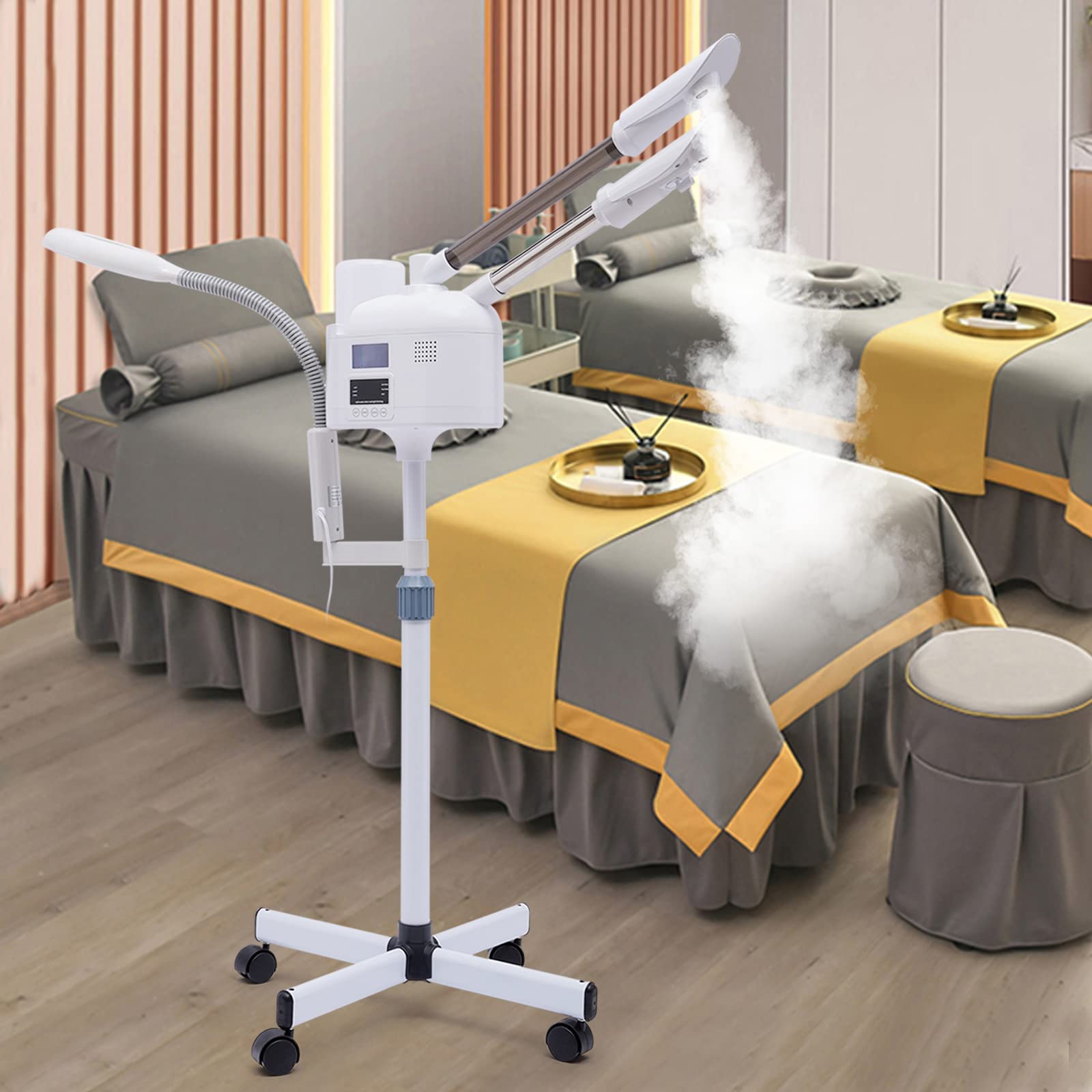 Vapore professionale 3 in 1 Nano-ionico, vaporizzatore a vapore caldo e freddo, con ruote LED, lampada touch screen, altezza e angolo regolabili, per Beauty Salon Home Spa, bianco