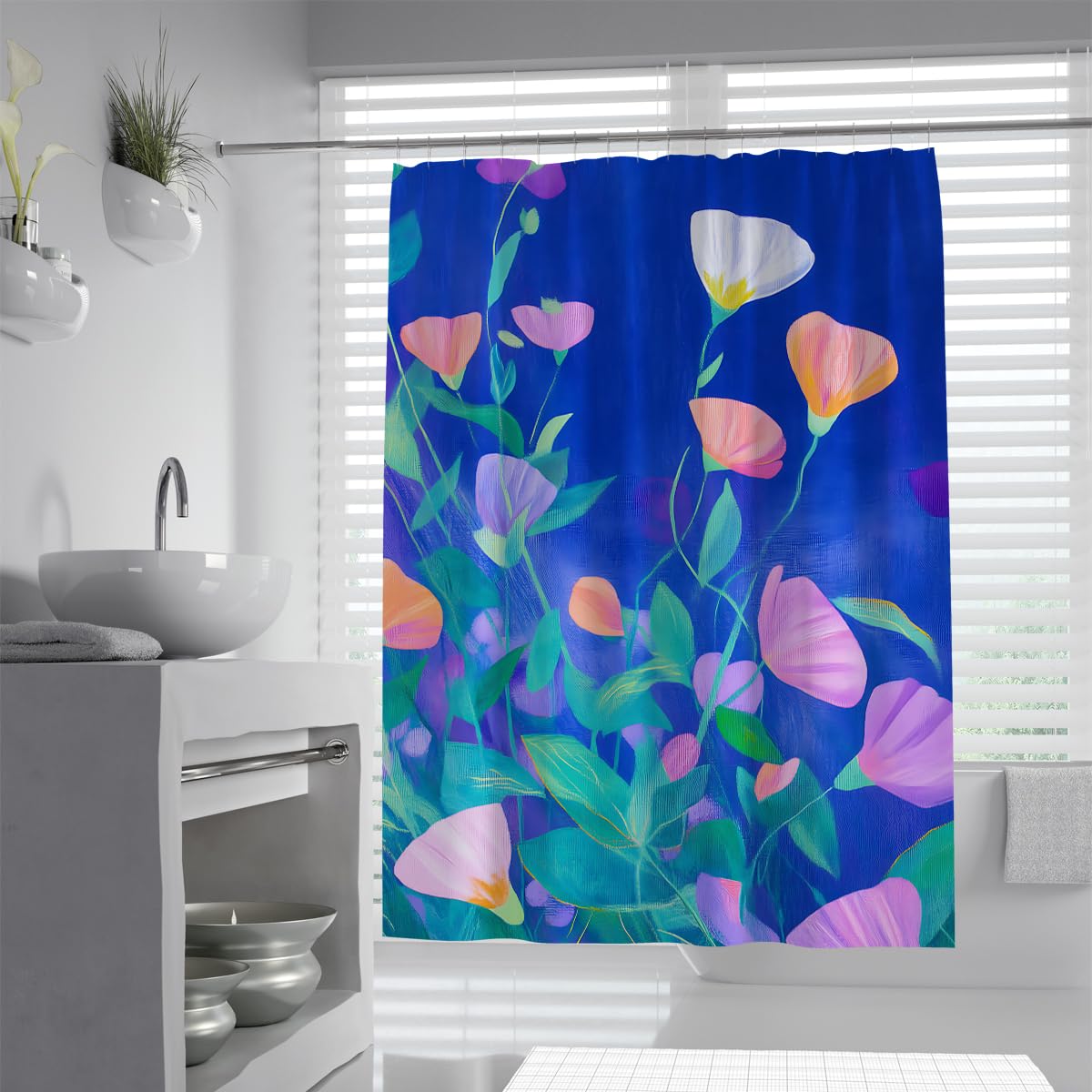 Uiringart Shower Curtains Blue Purple Floral Poppy Shower Curtain W180xl200cm Modern Watercolor Botanical Waterproof Machine Washable Bath Curtains Home Hotel Decor