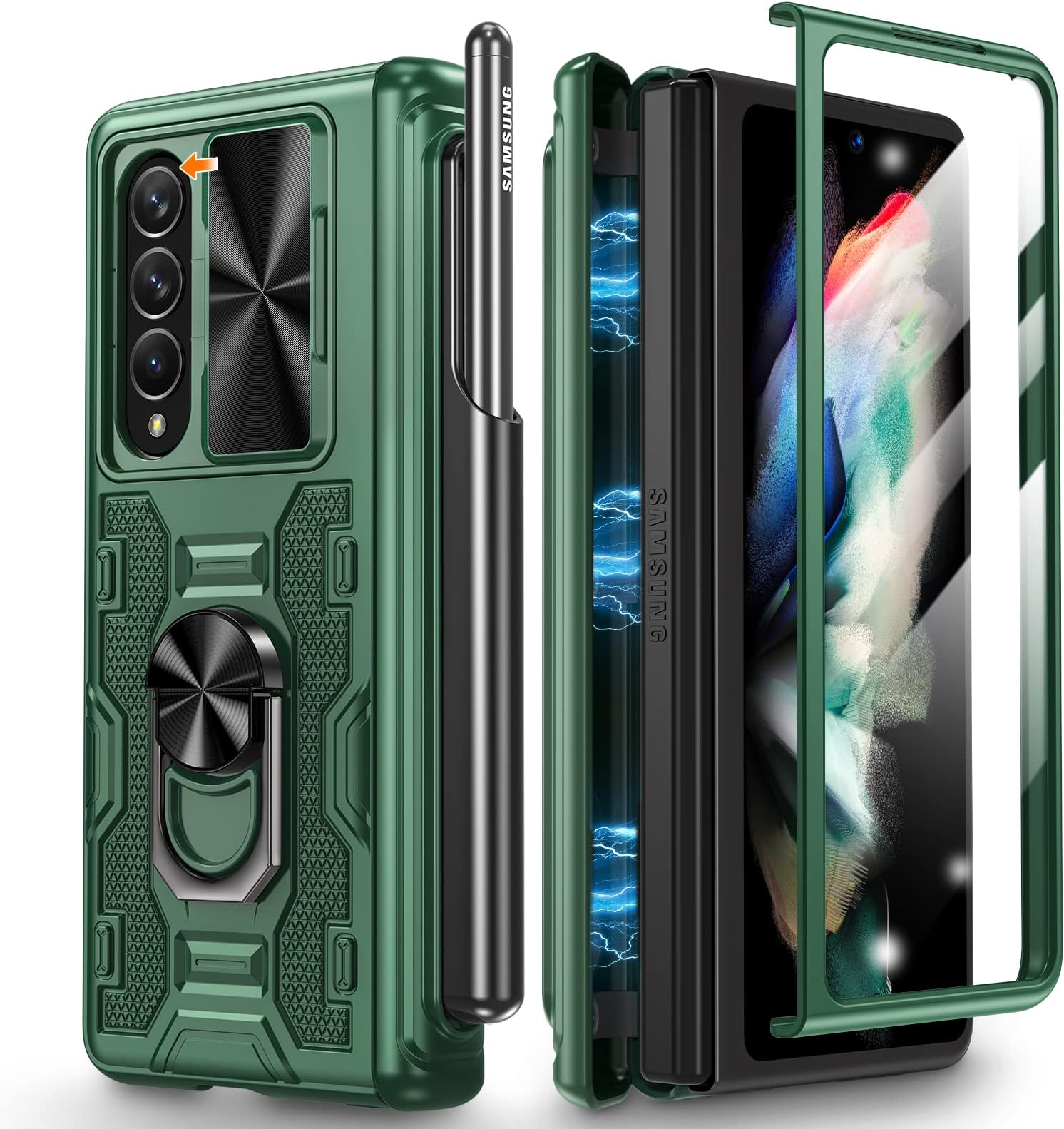 Caka Galaxy Z Fold 3 Case with S Pen Holder, Hinge Protection, Kickstand & Camera Cover - Green