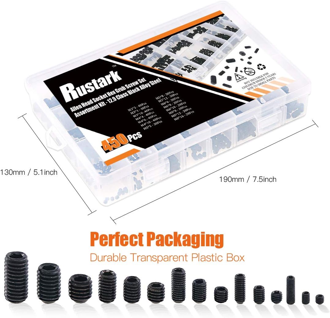 Rustark 450Pcs M3/M4/M5/M6/M8 Allen Head Socket Hex Grub Screw Set Assortment Kit with Internal Hex Drive - 12.9 Class Black Alloy Steel