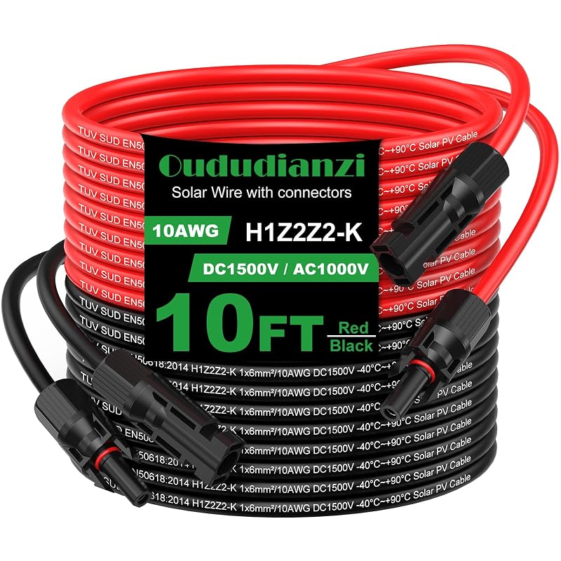 Oududianzi Cabo de Extensão Solar 3,05 m 10 AWG com Conectores Fotovoltaicos, Cobre Estanhado, Vermelho e Preto, Kit com 2 Peças