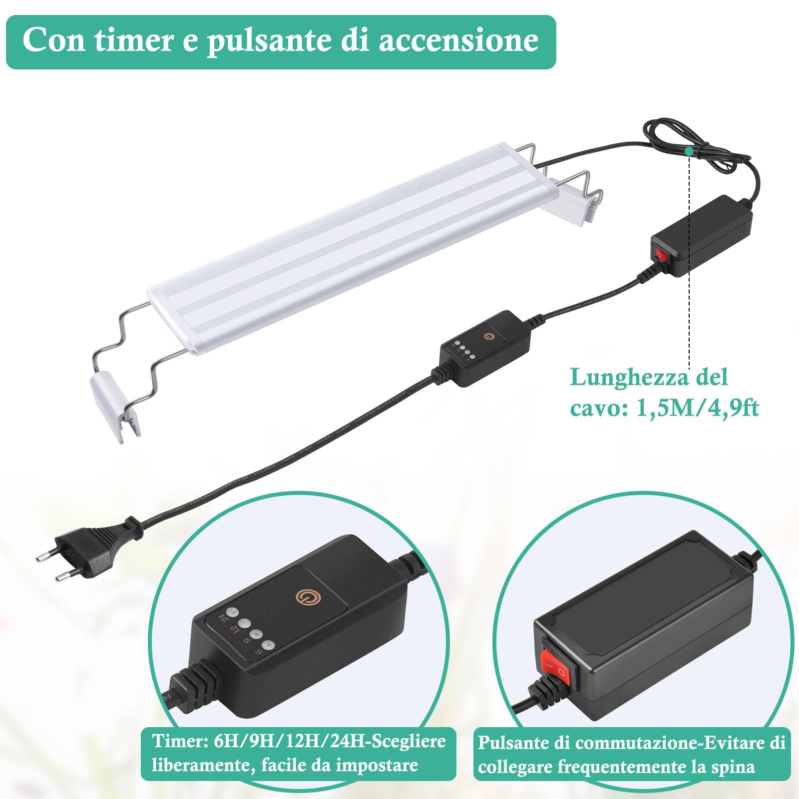 Illuminazione LED per Acquario con Timer, Lampada per Piante Acquatiche a Spettro Completo, Classica Luce per Acquario con LED RGB, con Staffe Regolabili Stabili (30-50cm)