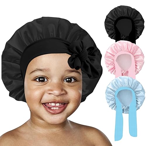 Miniatura 8 de 3 gorros de seda para dormir para niños, gorro de satén para bebé, gorro de pelo para cabello rizado para niñas y niños con banda elástica ancha,