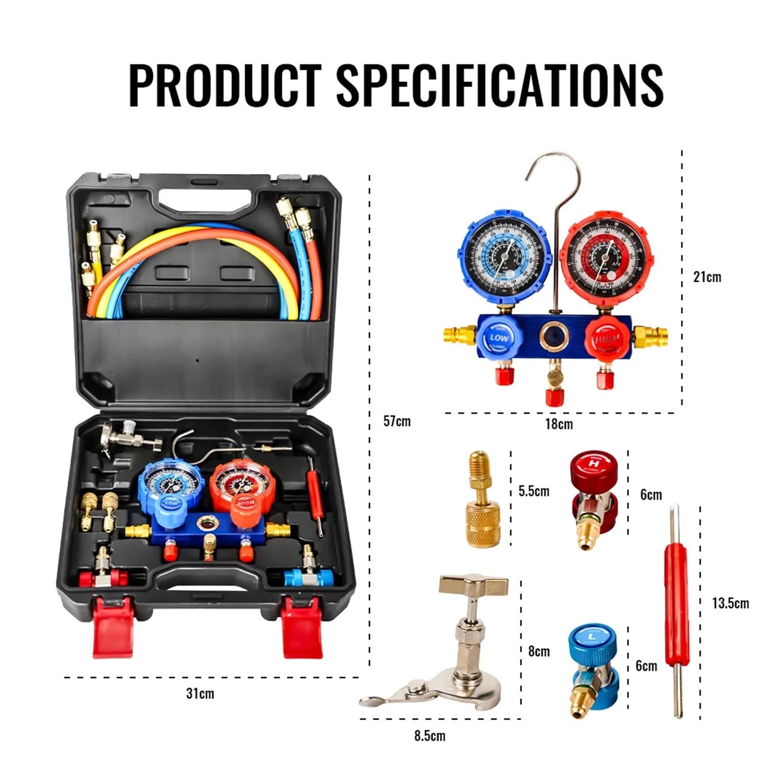 Misuratore collettore A/C a 4 vie per refrigerante R134A R22 con tubo flessibile da 1,5 m, raccordi regolabili e rubinetto della lattina