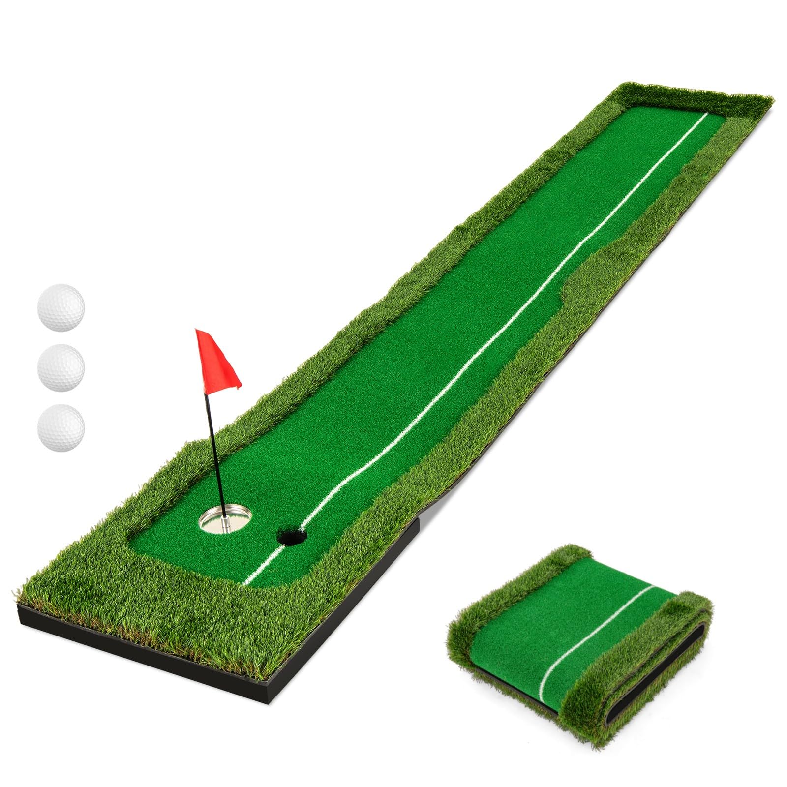 LIFEZEAL Alfombrilla de golf de 300 cm, equipo de entrenamiento de golf con 3 pelotas de golf, mini esterilla de ejercicio con 2 tamaños de agujeros para interior, exterior, alfombrilla de putting
