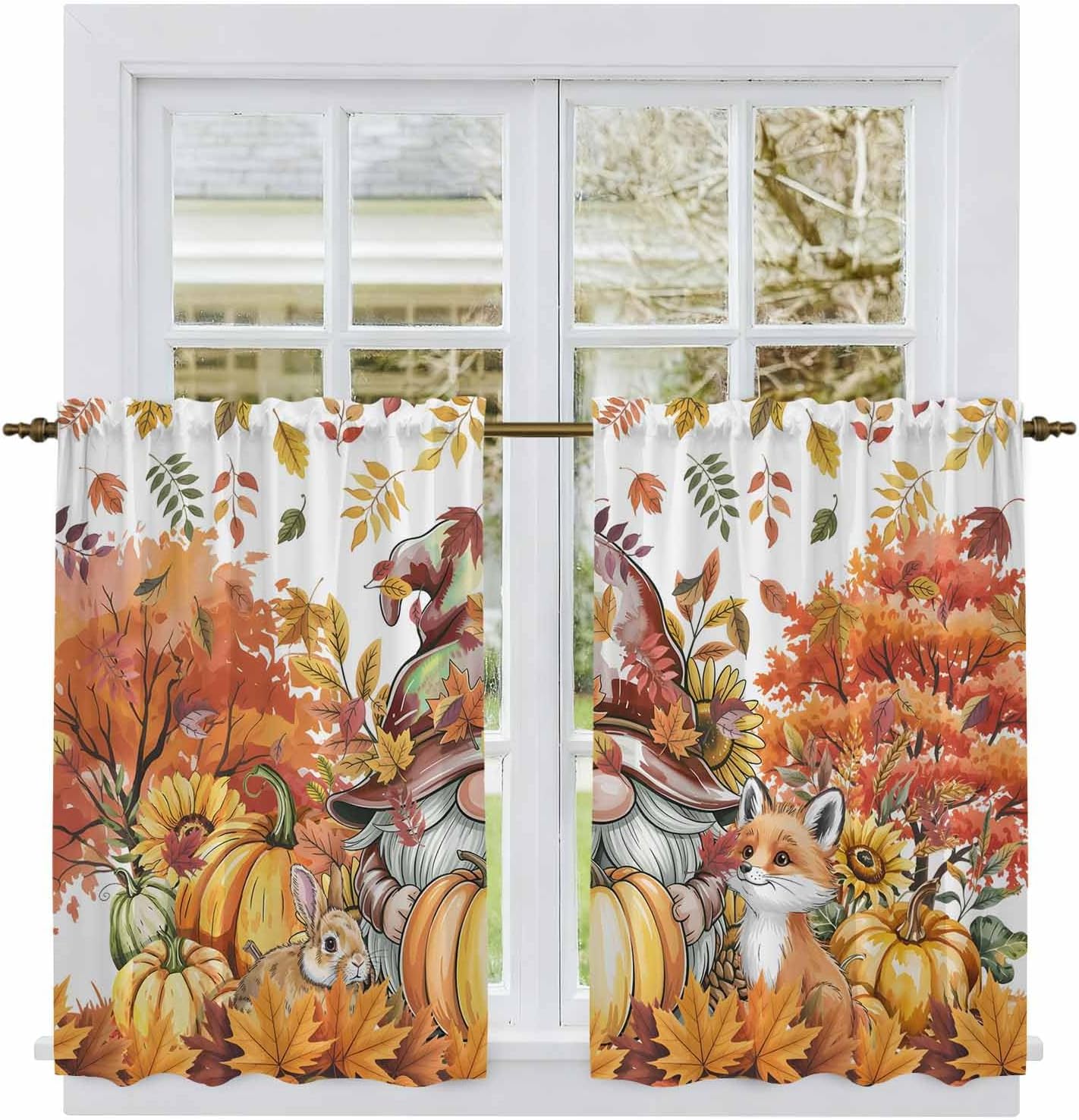 Thanksgiving Gnomes Kitchen Tier Curtains 45 Inch Long 2 Panel Set,Rod Pocket Short Window Treatment,Fall Orange Pumpkin Maple Fox Rabbit Curtains & Drapes for Bathroom Basement 27.5"W x 45"L