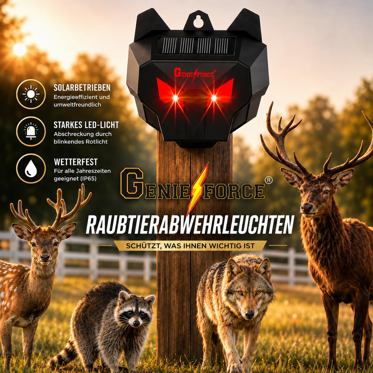Genieforce® solarny odstraszacz zwierząt z czerwonymi diodami LED, odstraszacz zwierząt, przeciwko dzikim zwierzętom, drapieżnikom, kunom, lisom, szopom praczom, zasilaniu energią słoneczną na