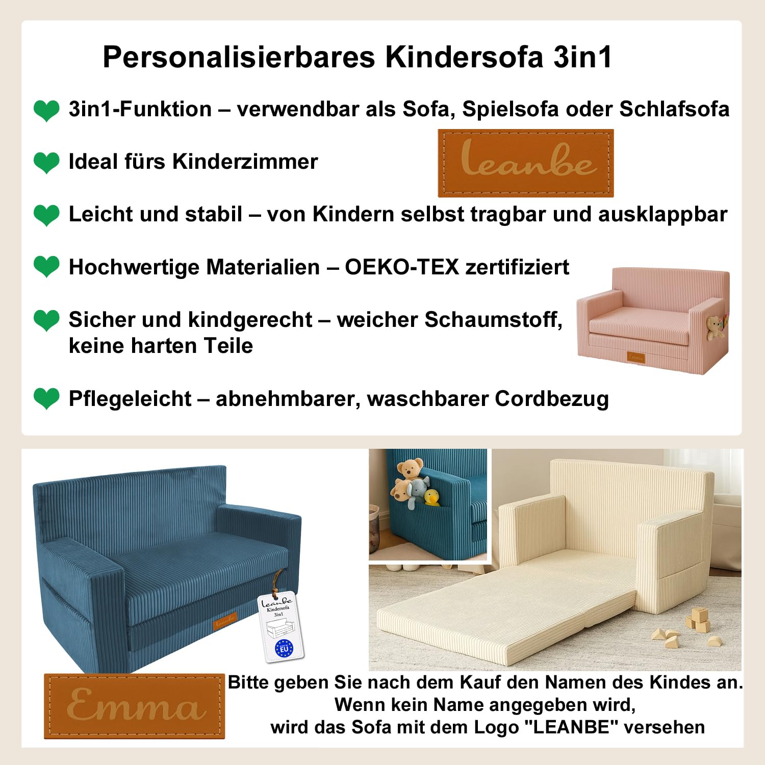 3in1 Kindersofa, Cord Spielsofa, Schlafsofa und Klappsofa, Personalisierbar, EU-Herstellung, (Blau)