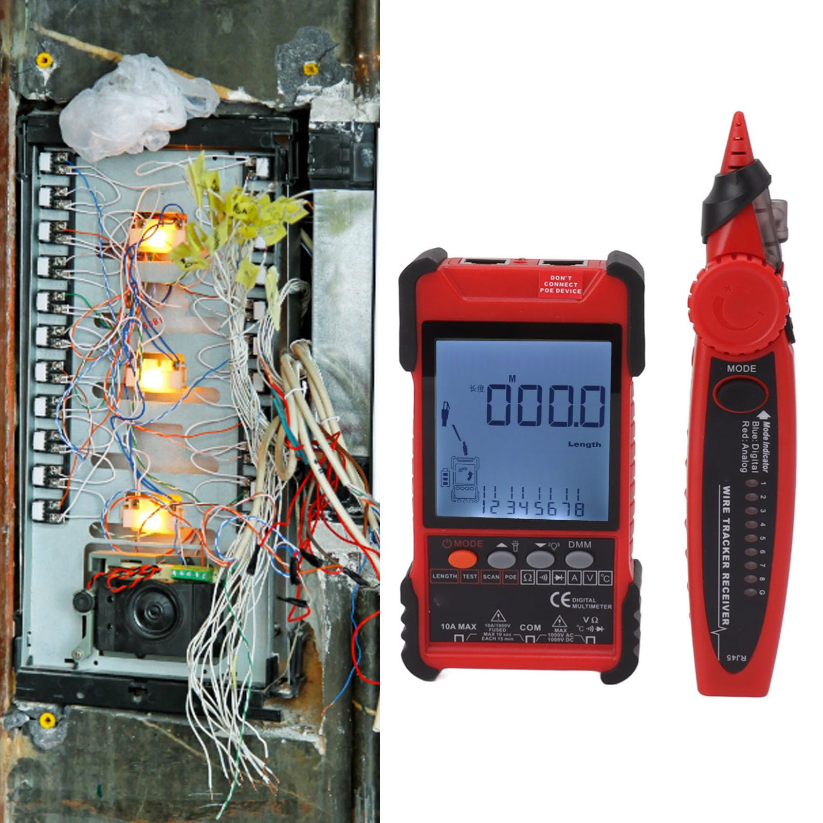 Multimètre Numérique Testeur de Câble Réseau 2 en 1 avec écran LCD pour une Détection Rapide des Défauts et un Dépannage Réseau (Rouge)