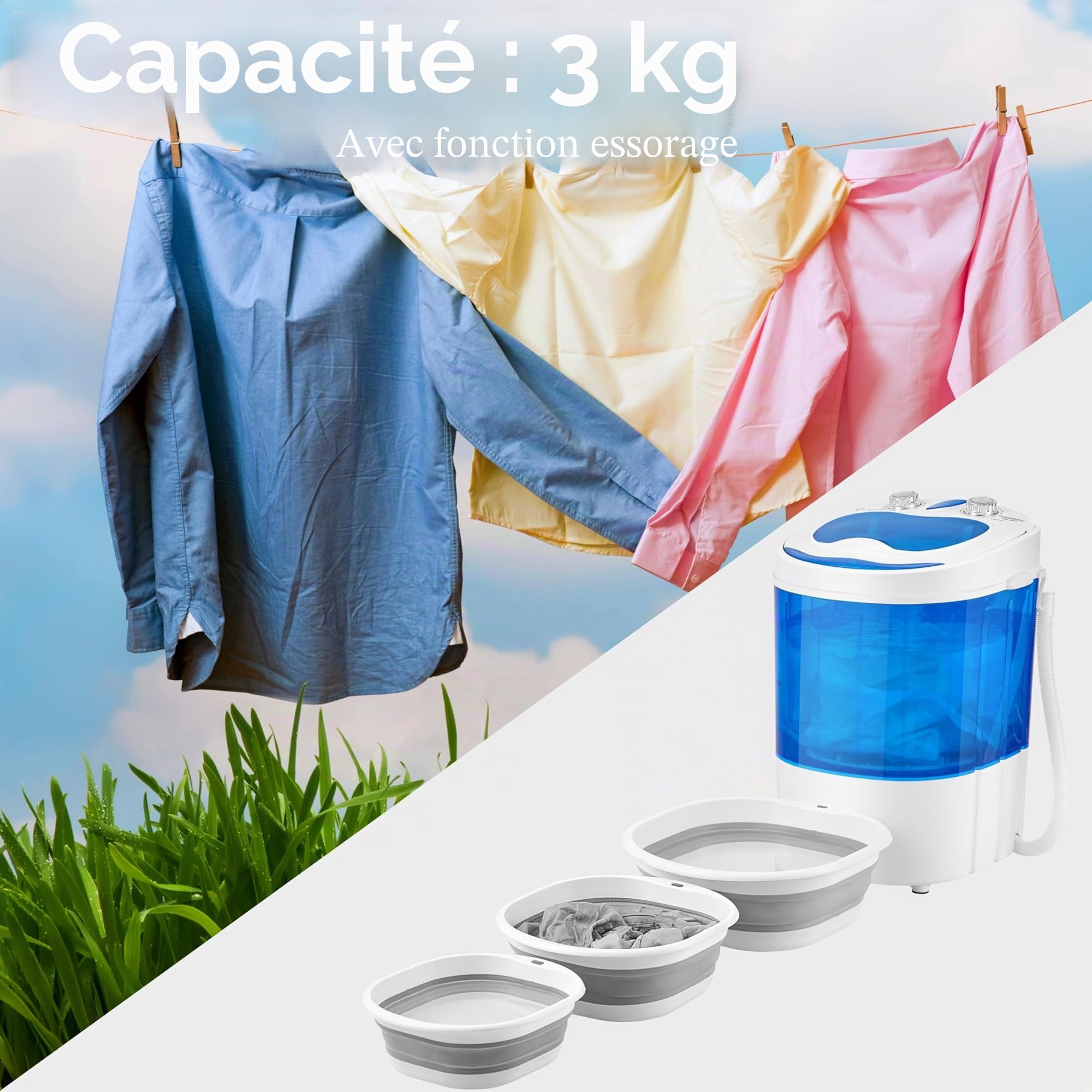 Steinborg Mini machine à laver avec essoreuse - 3 kg - 2 compartiments - Essorage jusqu'à 1 kg - Lavage et séchage - Camping mobile - Efficace et économique en énergie et en eau - Bleu Bulle/Blanc