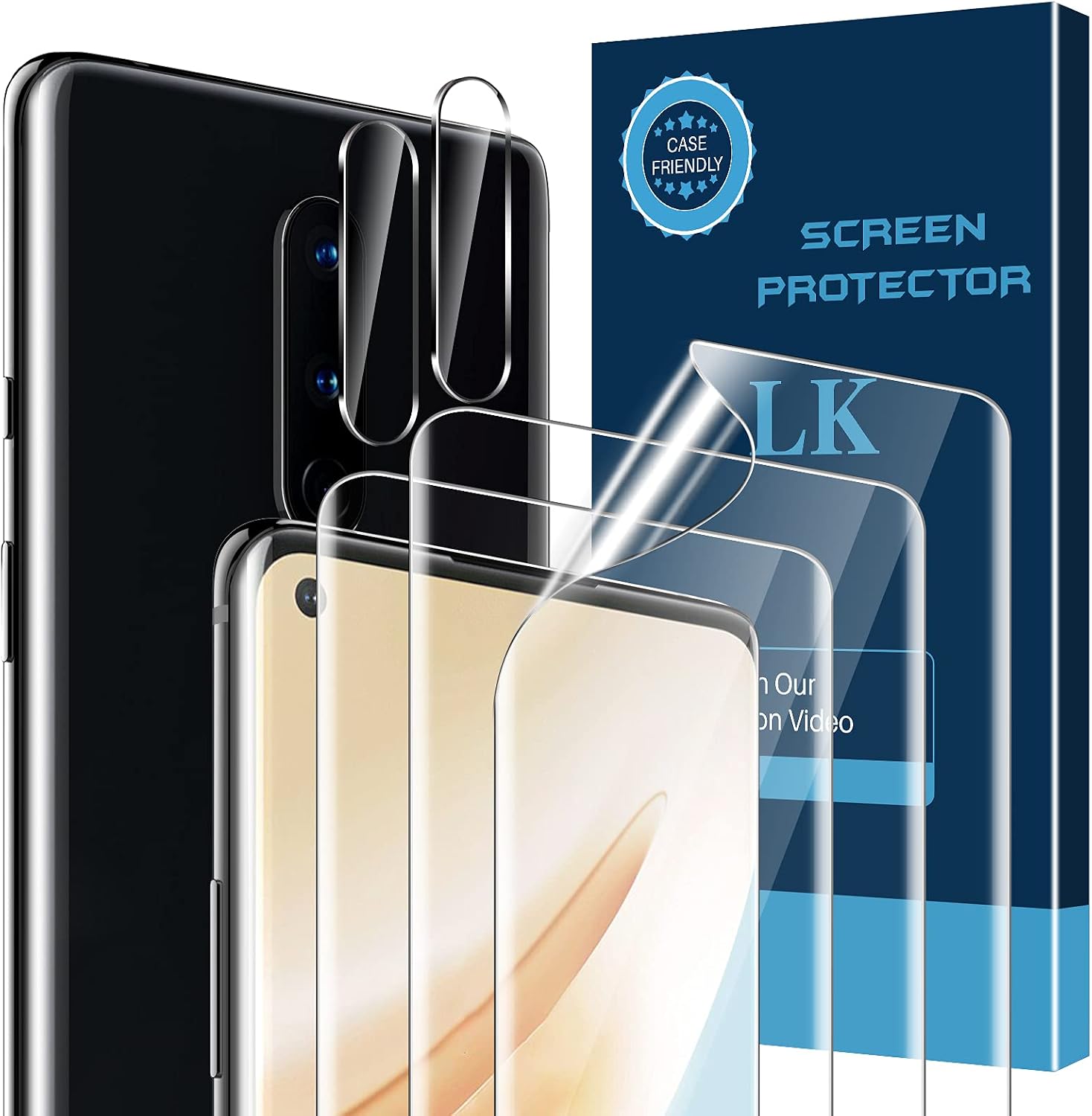 5 Pack LK 3 Pack Screen Protector + 2 Pack Camera Lens Protector Compatible with OnePlus 8, In-Display Fingerprint Support, HD Ultra-Thin, Flexible TPU Film